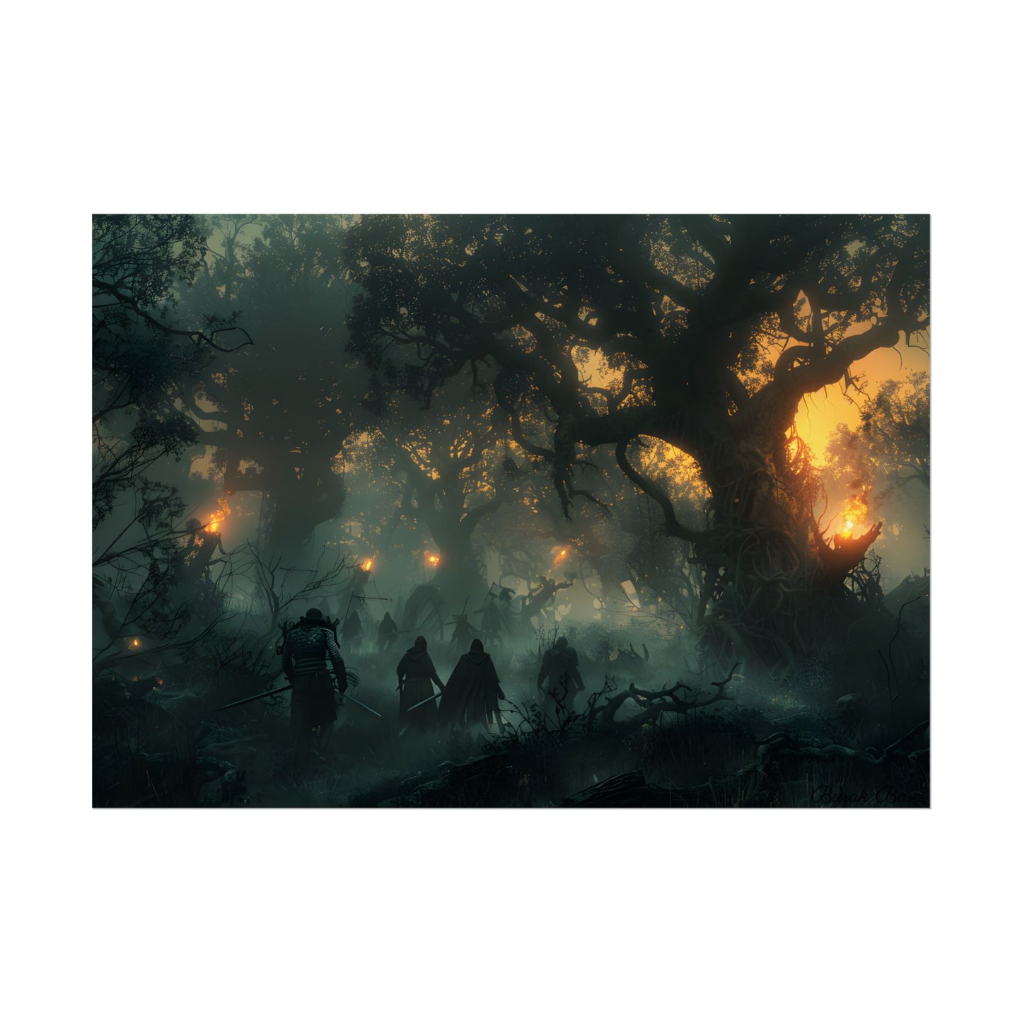 Serene Forest Sunset: Peaceful People's Journey - Poster
