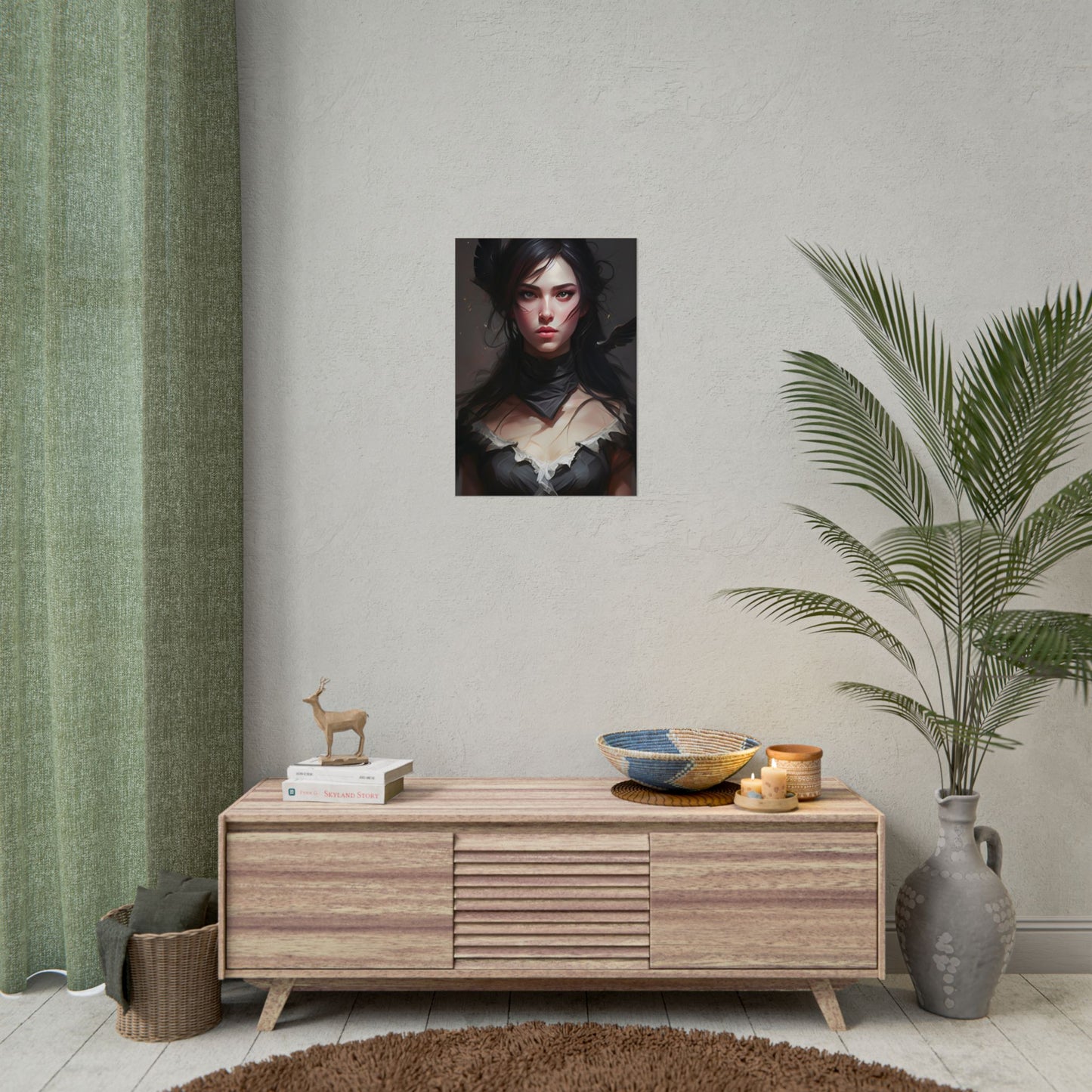 Female Portrait: Black Hair Artwork in Dark Background - Poster
