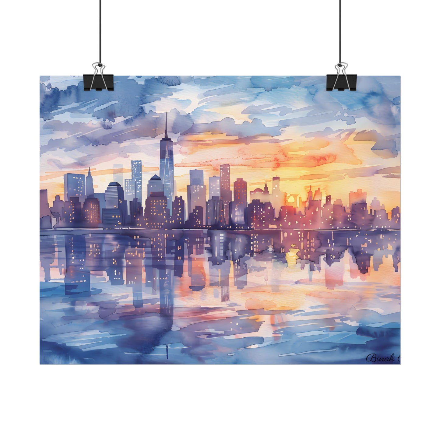 Watercolor New York City Sunset Skyline: Artistic NYC View - Poster