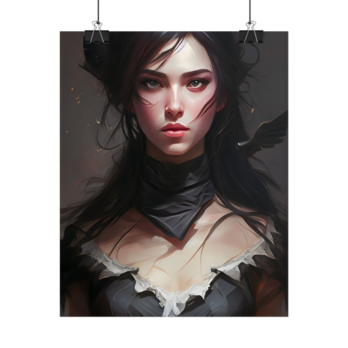 Female Portrait: Black Hair Artwork in Dark Background - Poster