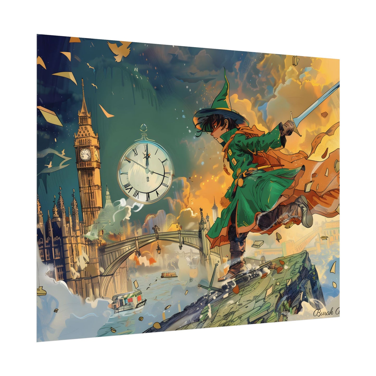 Whimsical Green Tunic Boy: Mischievous Illustration - Poster