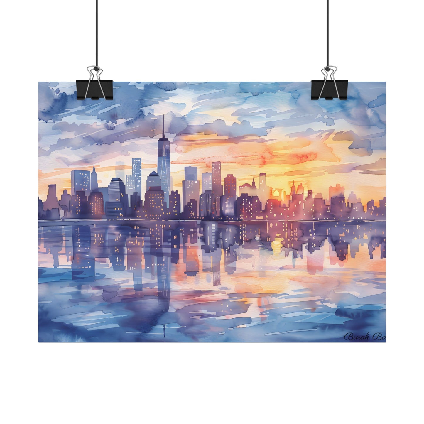 Watercolor New York City Sunset Skyline: Artistic NYC View - Poster