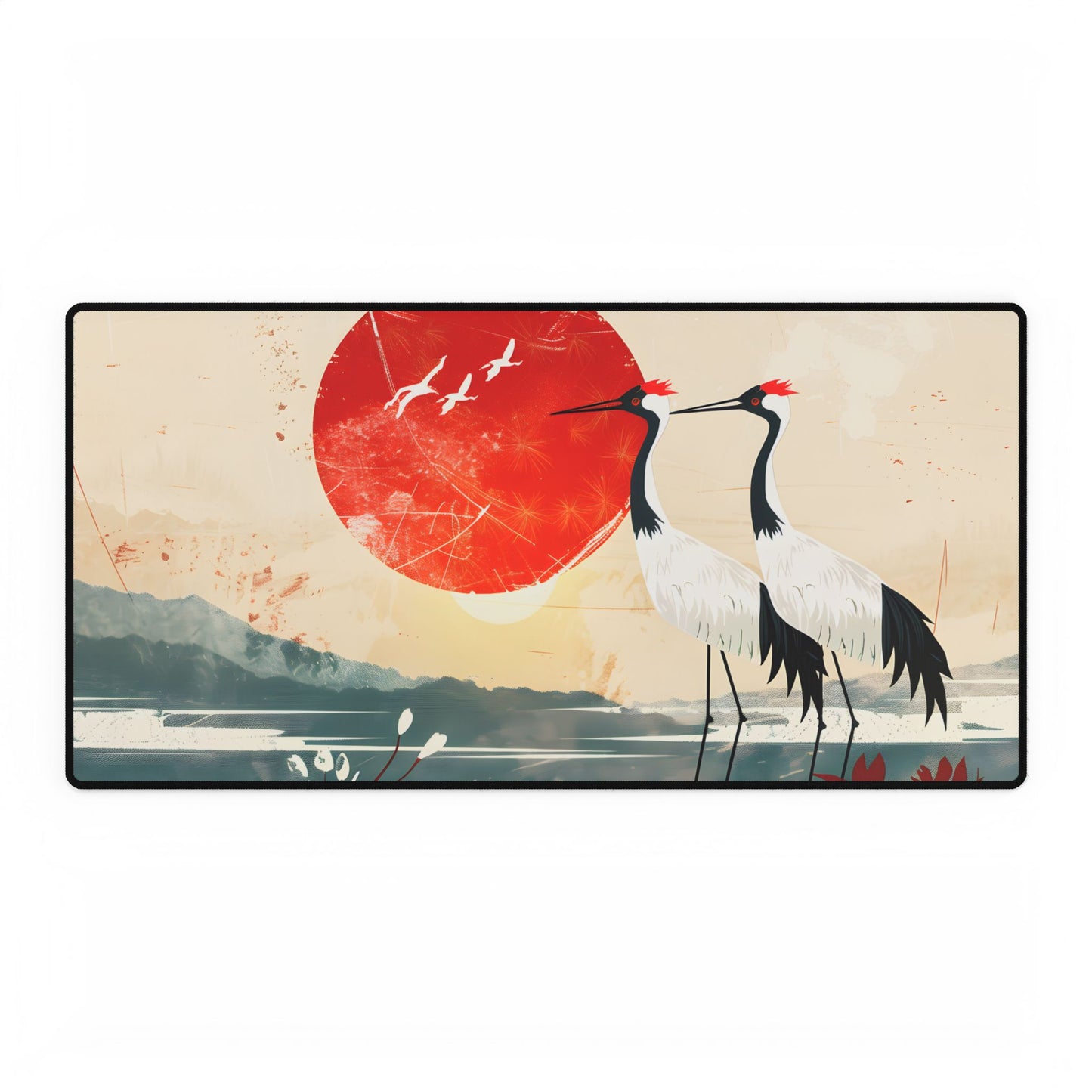 Serene Crane Landscape: Two Industrial Cranes in Nature - Desk Mat