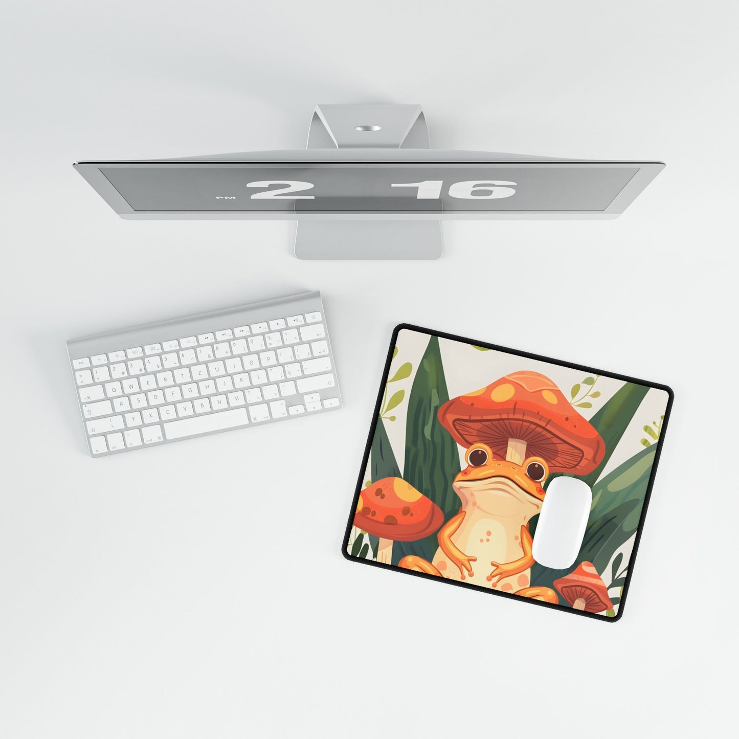Retro Whimsy: Frog & Mushrooms in Close-Up Charm - Desk Mat