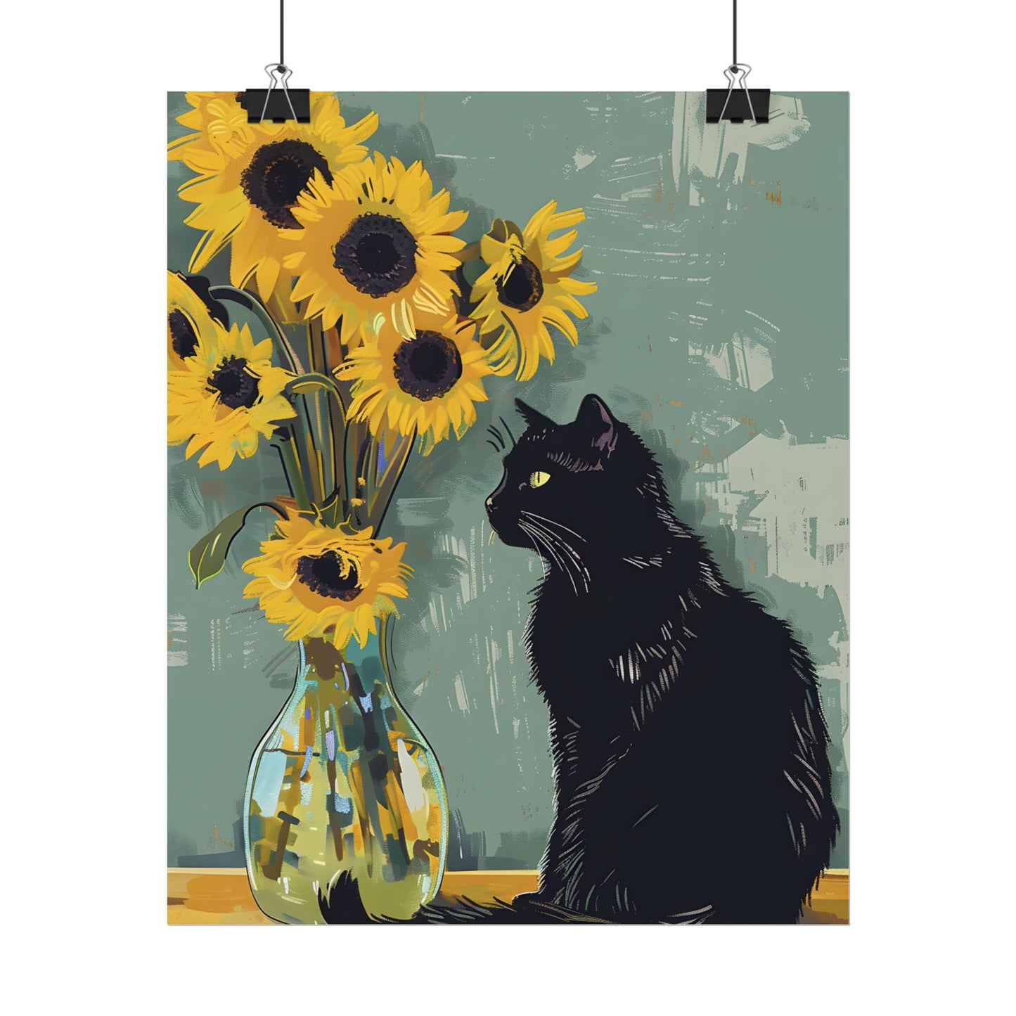 Whispers in the Sun: A Black Cat's Serene Moment with Sunflowers - Poster