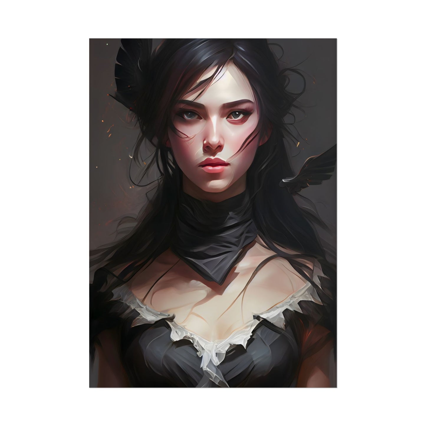 Female Portrait: Black Hair Artwork in Dark Background - Poster