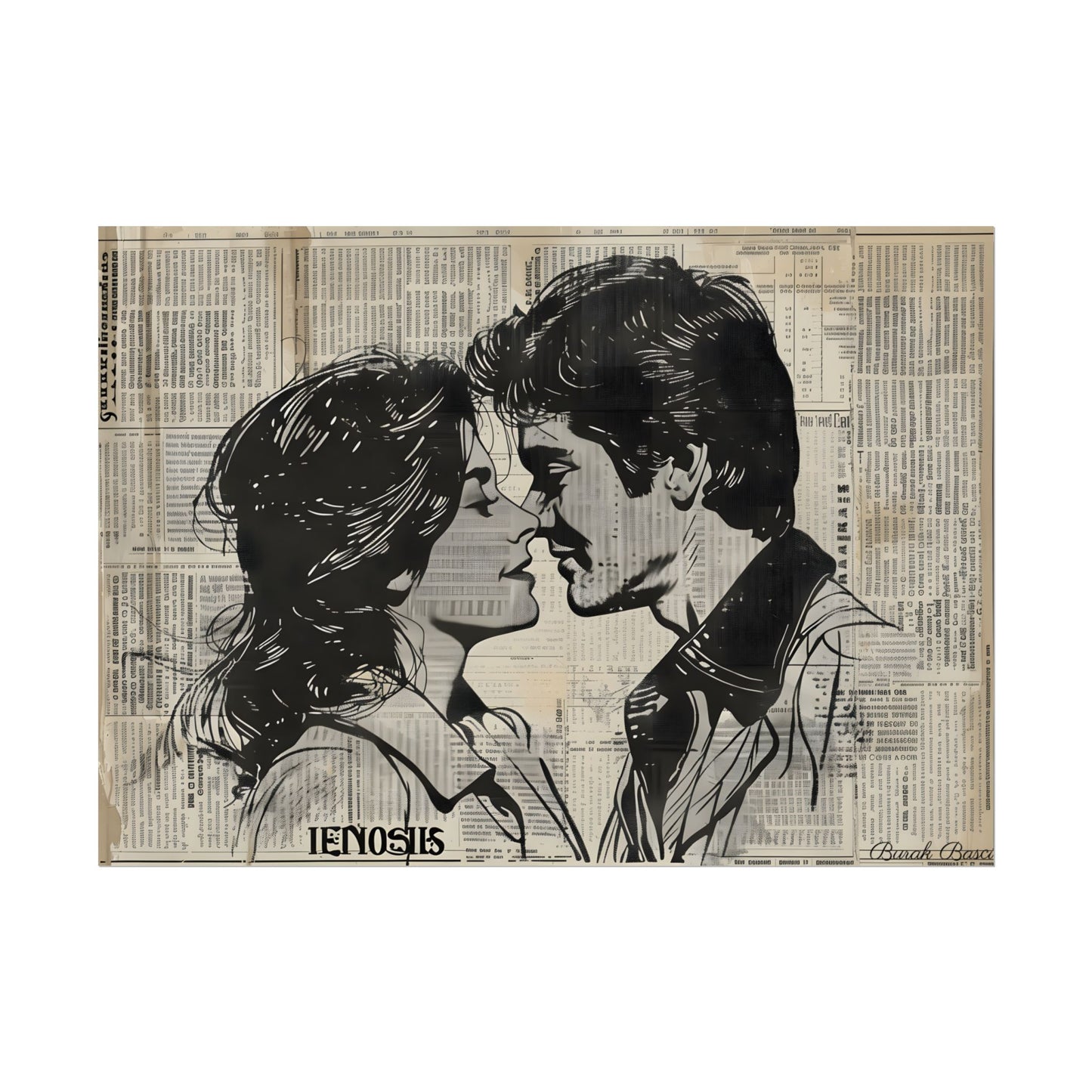 Vintage Romance Couples: Timeless Newsprint Art - Poster