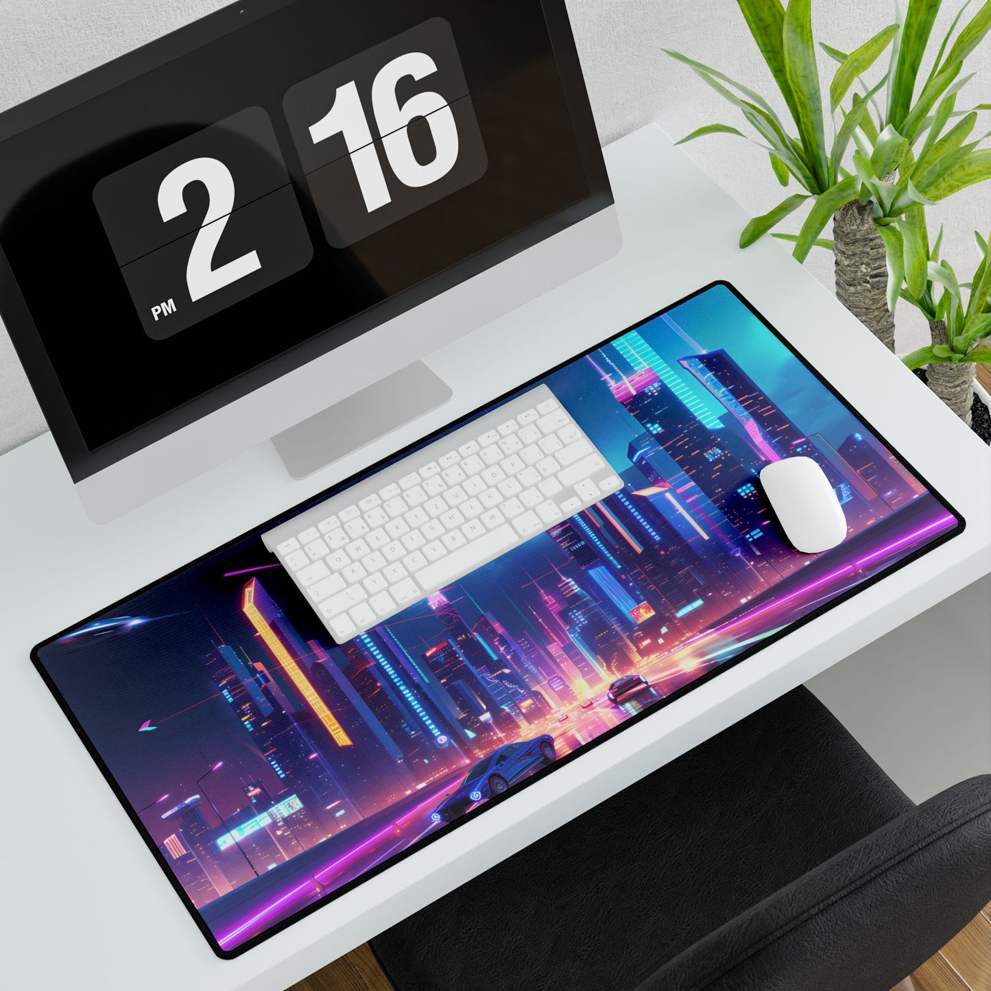 Futuristic City Glow: Neon Lights Digital Art - Desk Mat
