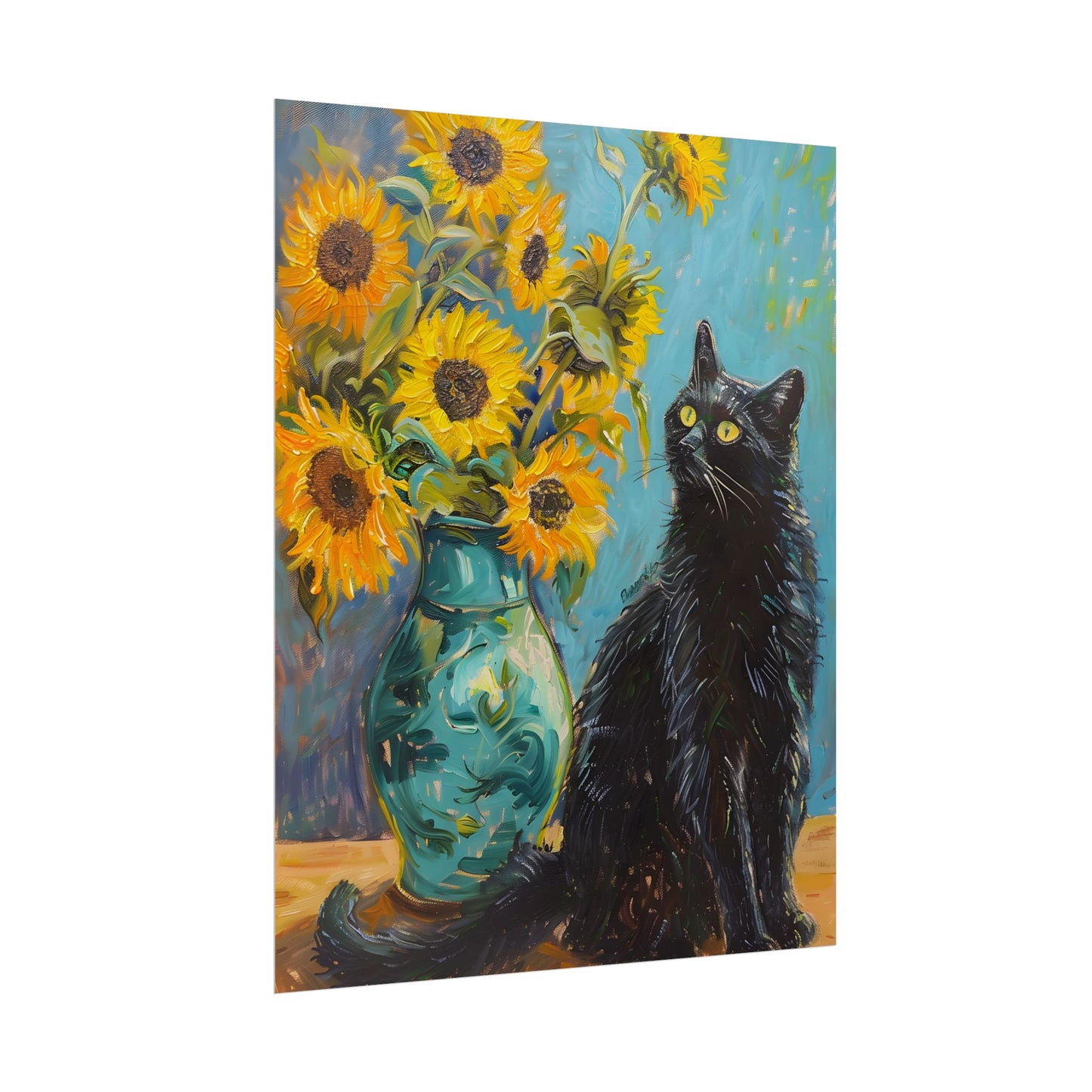 Whispers in the Garden: A Black Cat Among Sunflowers - Poster