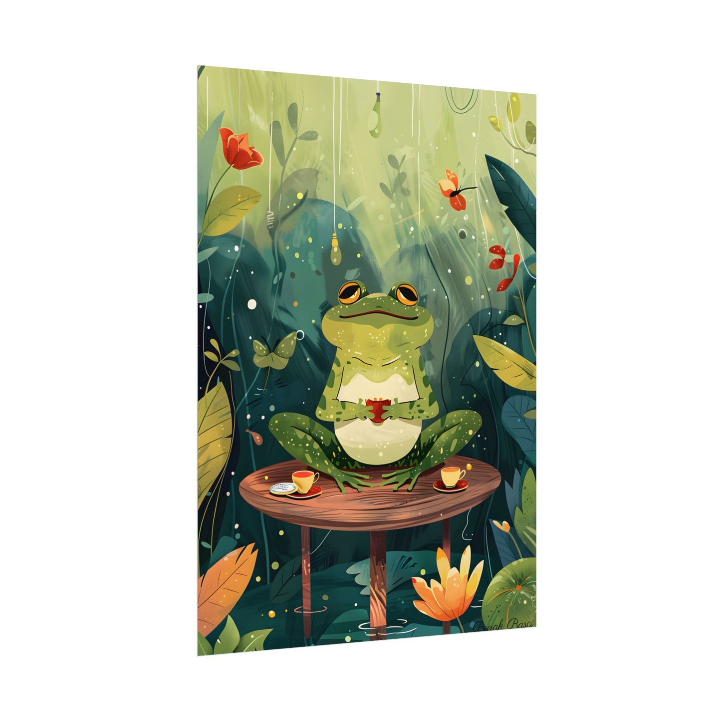 Whimsical Frog on Water: Playful Lily Pad Illustration - Poster