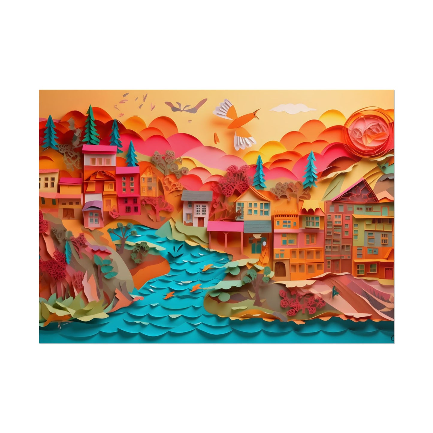 Magical Beach Quill: Vibrant Paper Art of Tropical Paradise - Poster