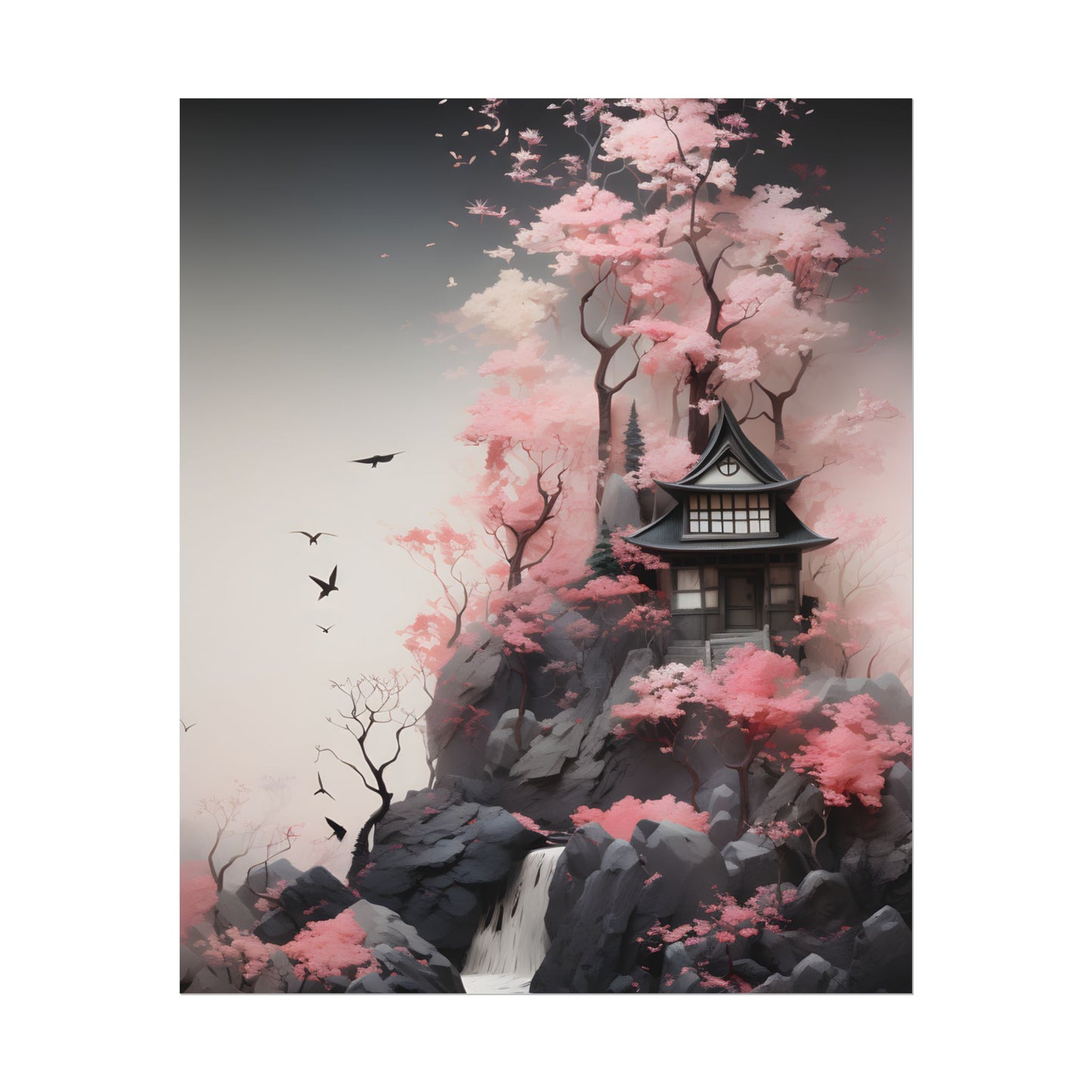 Ash Magenta Masterpiece: Rugged Landscape with Moss Green Forest - Poster