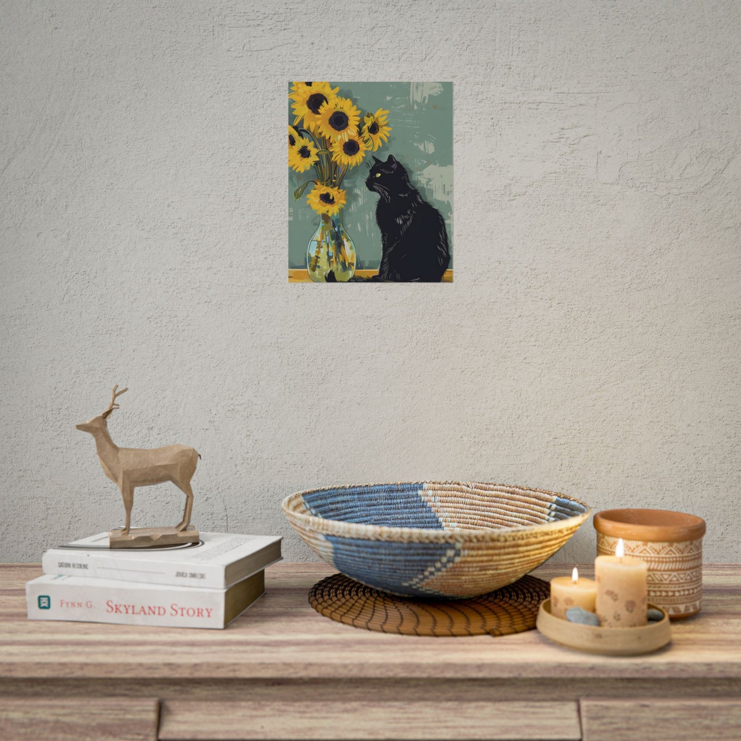 Whispers in the Sun: A Black Cat's Serene Moment with Sunflowers - Poster