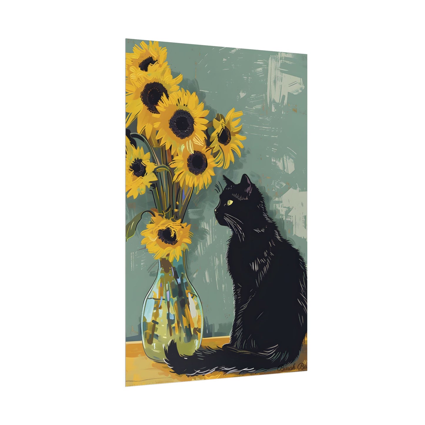 Whispers in the Sun: A Black Cat's Serene Moment with Sunflowers - Poster