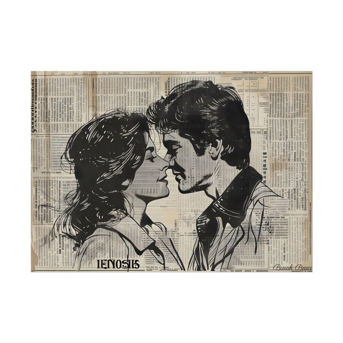 Vintage Romance Couples: Timeless Newsprint Art - Poster