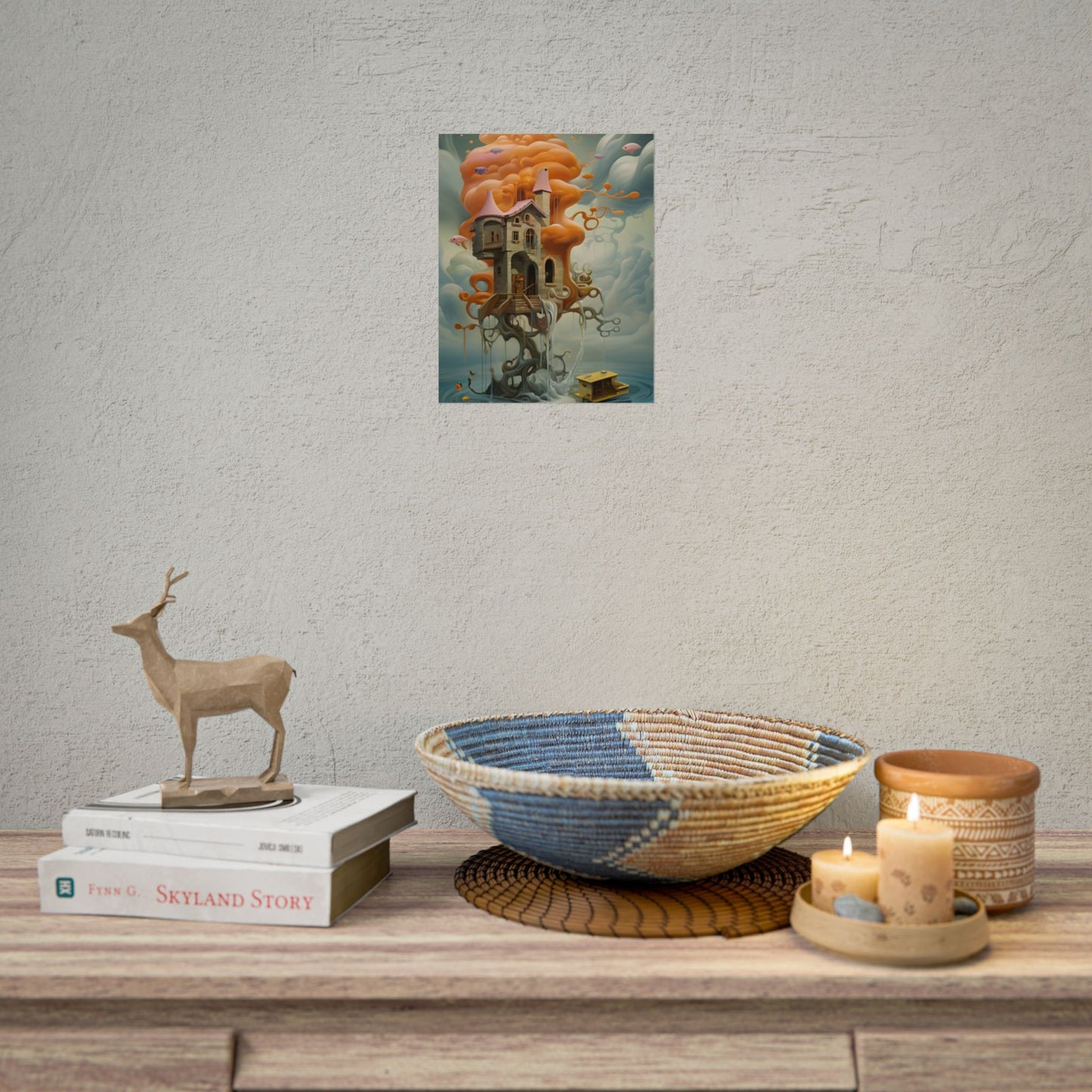 Surreal Dreamscape: Orange Mushroom in Psychedelic Landscape - Poster