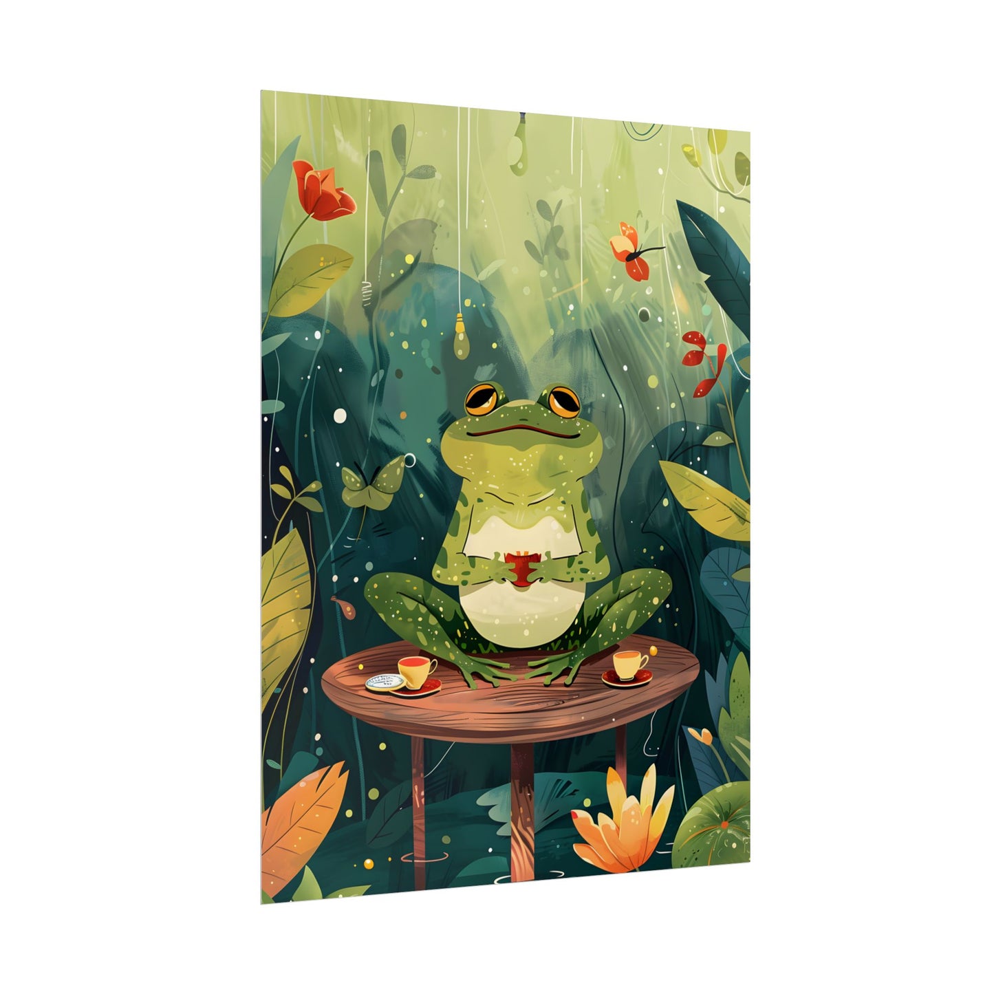 Whimsical Frog on Water: Playful Lily Pad Illustration - Poster