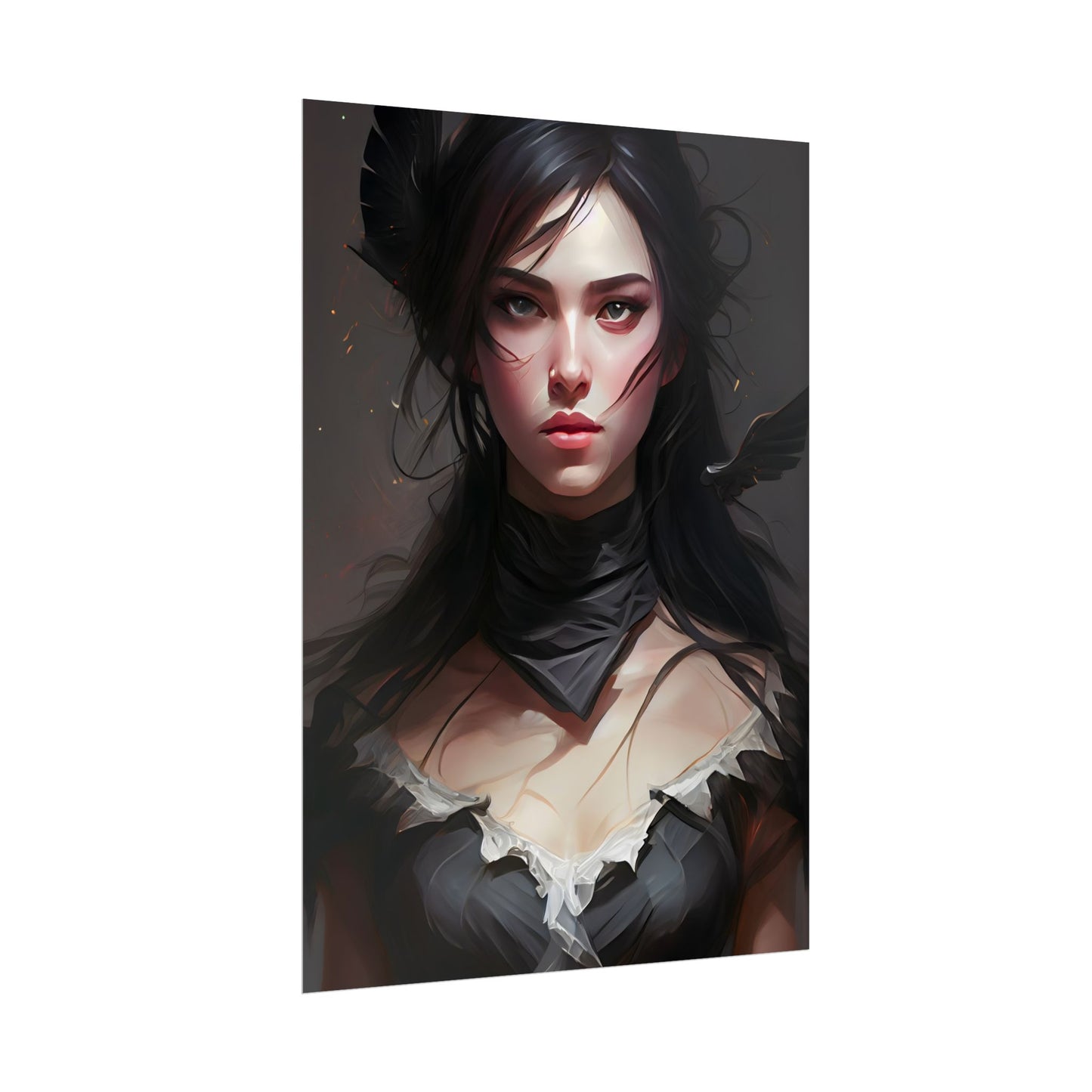 Female Portrait: Black Hair Artwork in Dark Background - Poster
