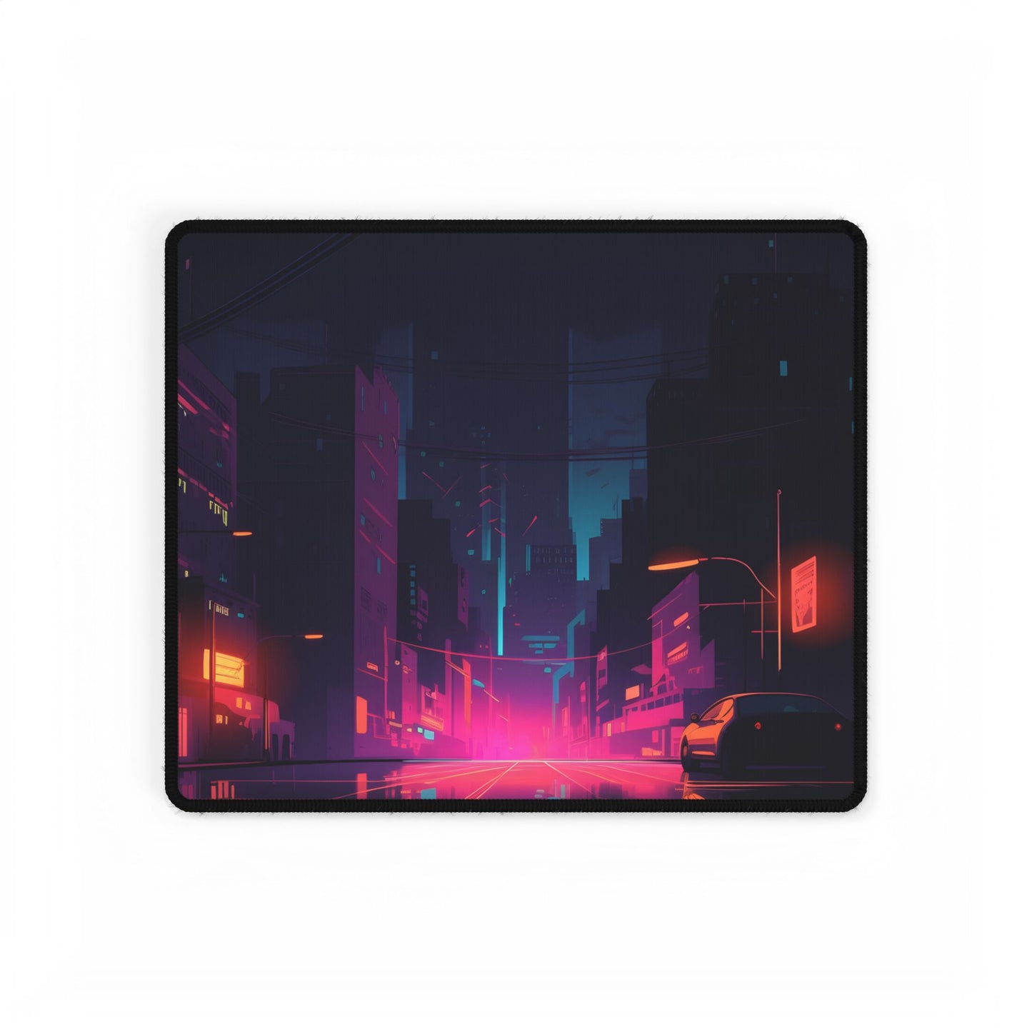 Cyberpunk Night: Moody Cityscape with Unique Architecture - Desk Mat