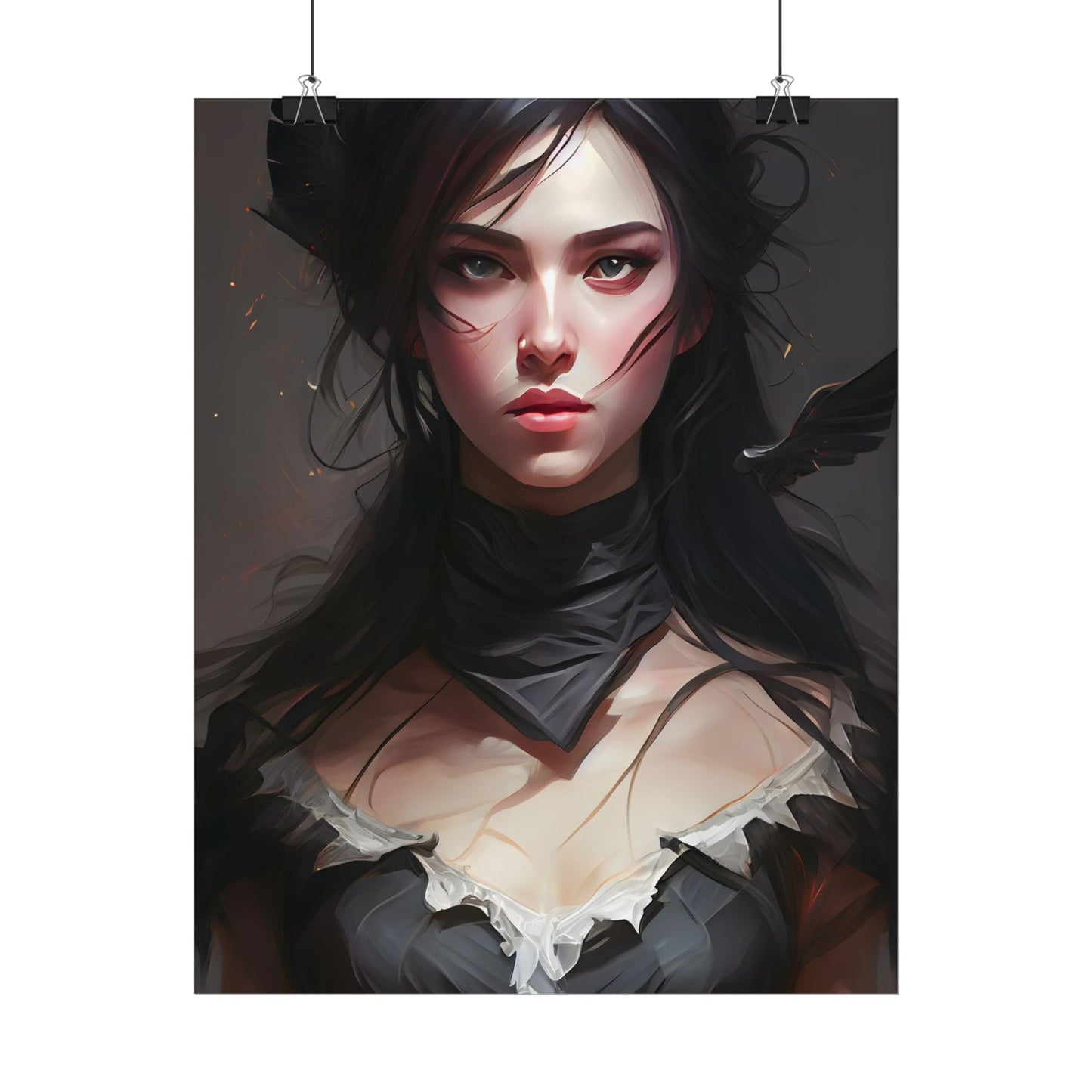 Female Portrait: Black Hair Artwork in Dark Background - Poster