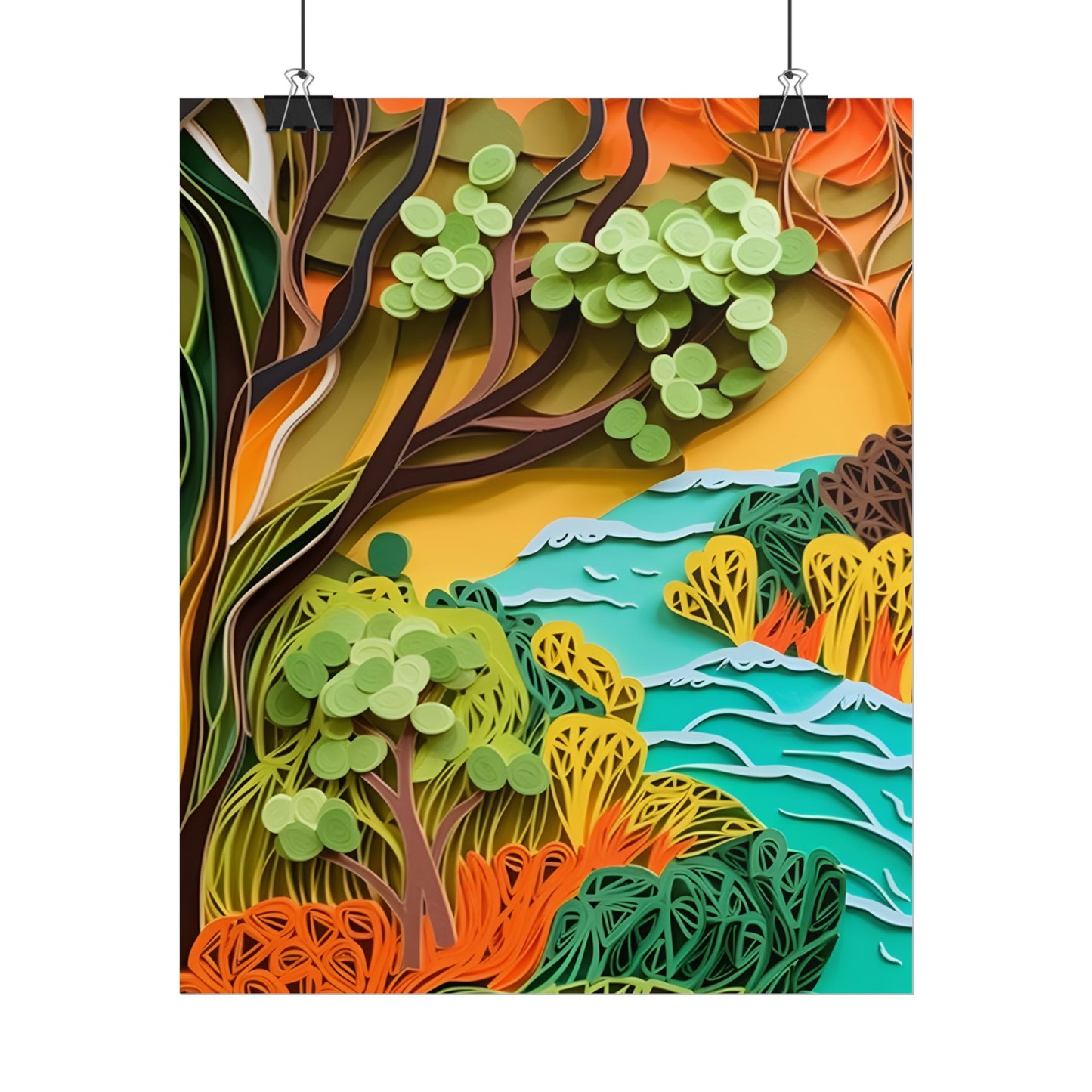African Paper Quilled Landscape: Artwork in Brown and Green - Poster