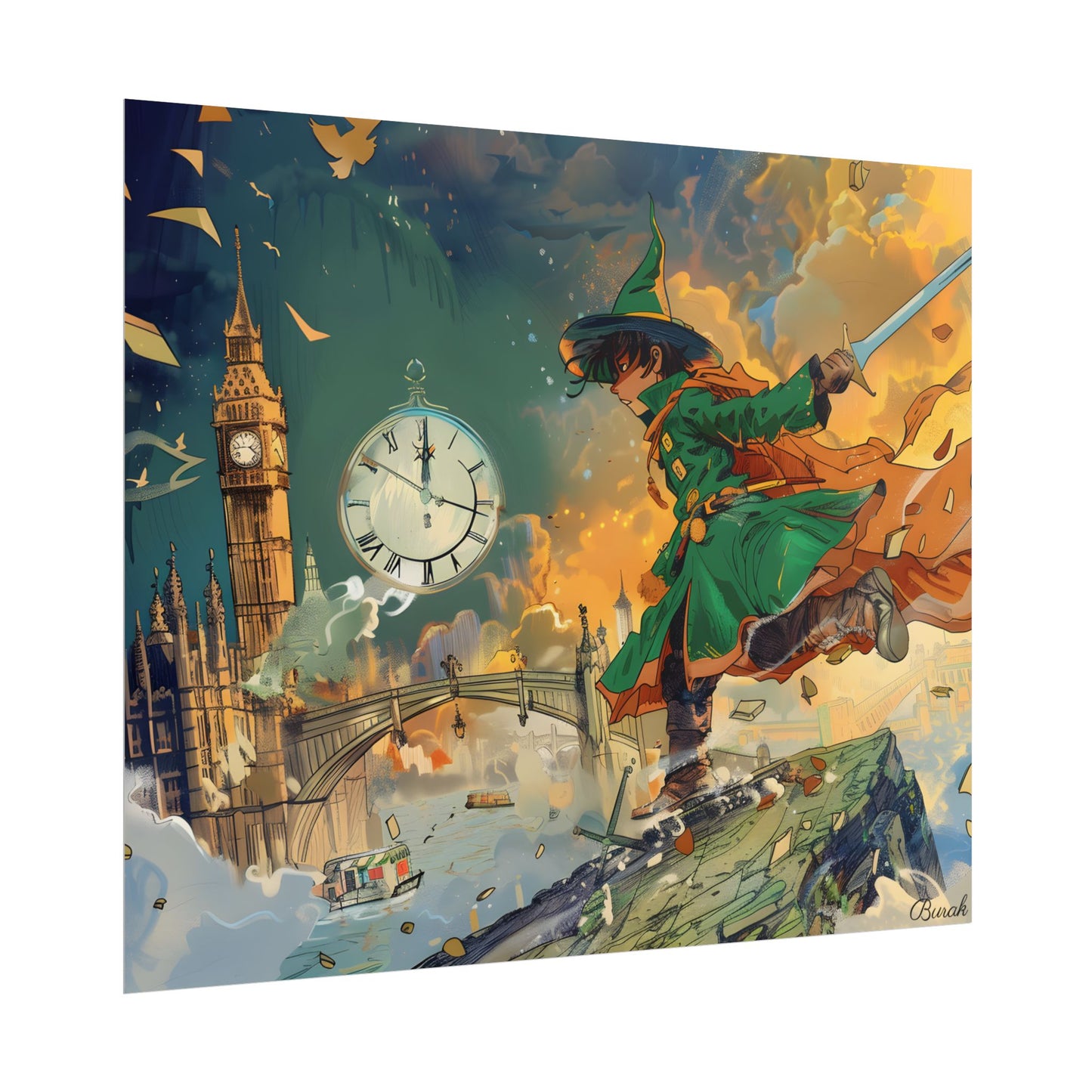 Whimsical Green Tunic Boy: Mischievous Illustration - Poster