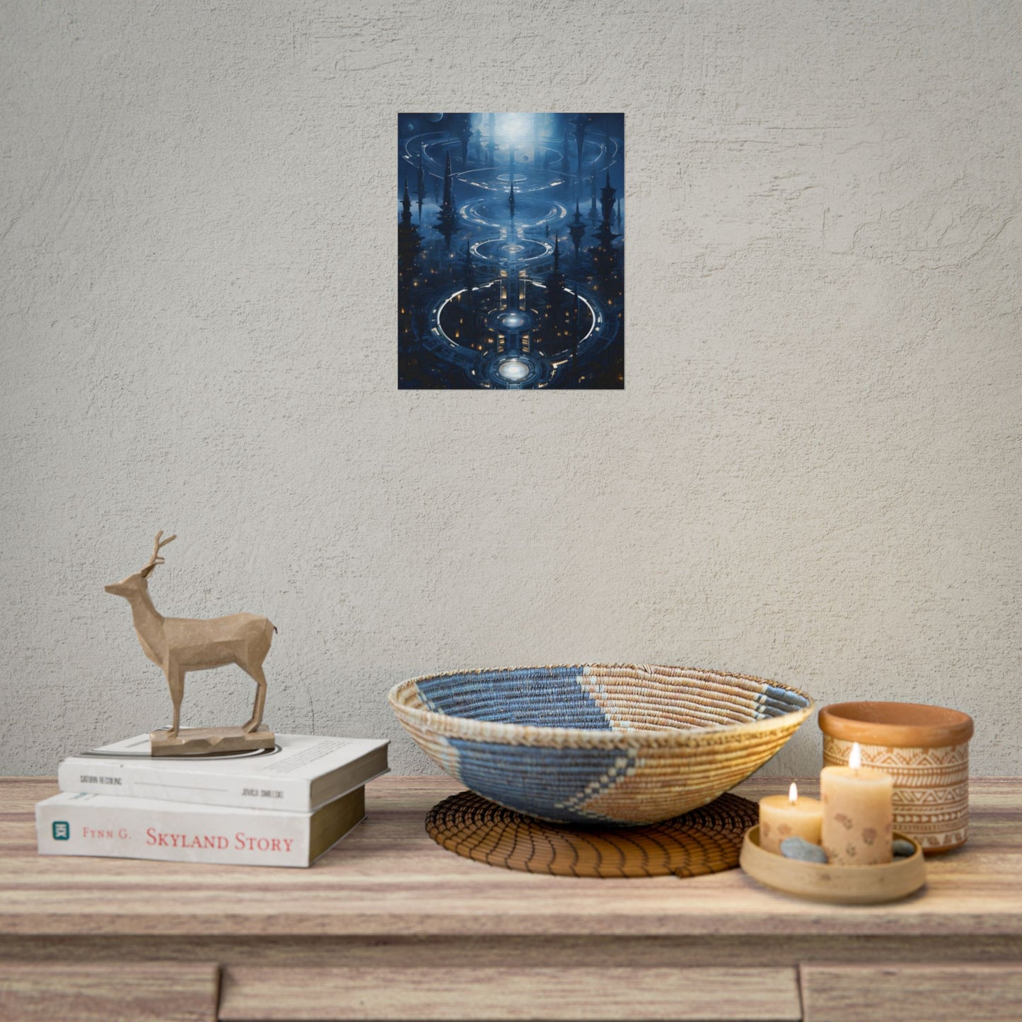 Aetherial Space Station: Galactic Hub in Vibrant Blue Nebula - Poster