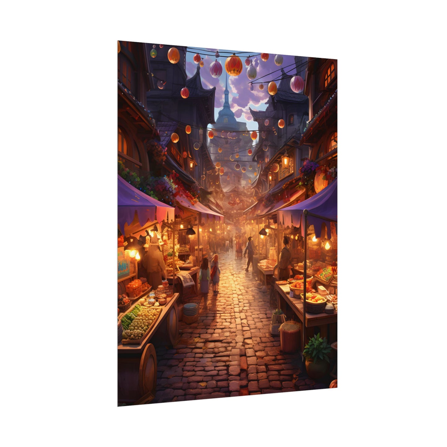 Magical Street Food Market: Vibrant Enchanted Scene Art - Poster