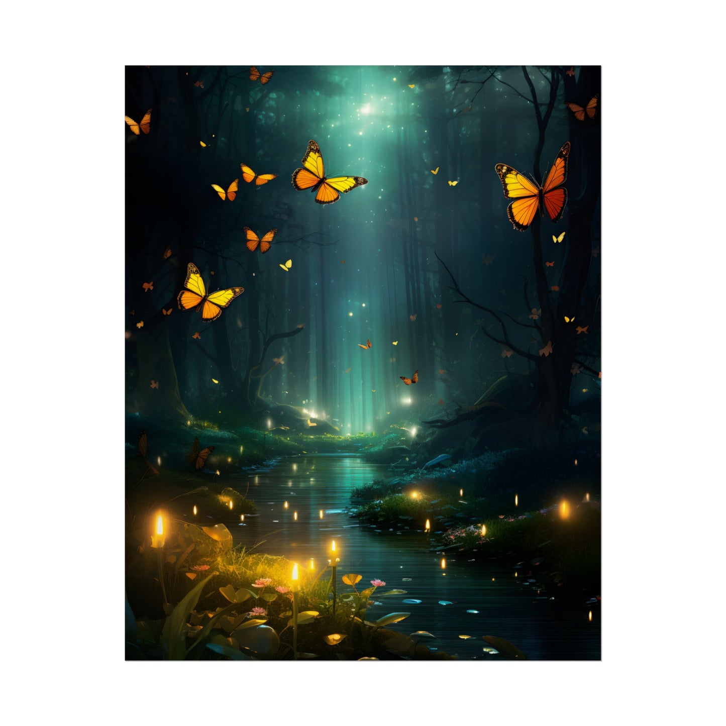 Fantasy Night Bokeh Artwork: Glowing Fog Forest Painting - Poster