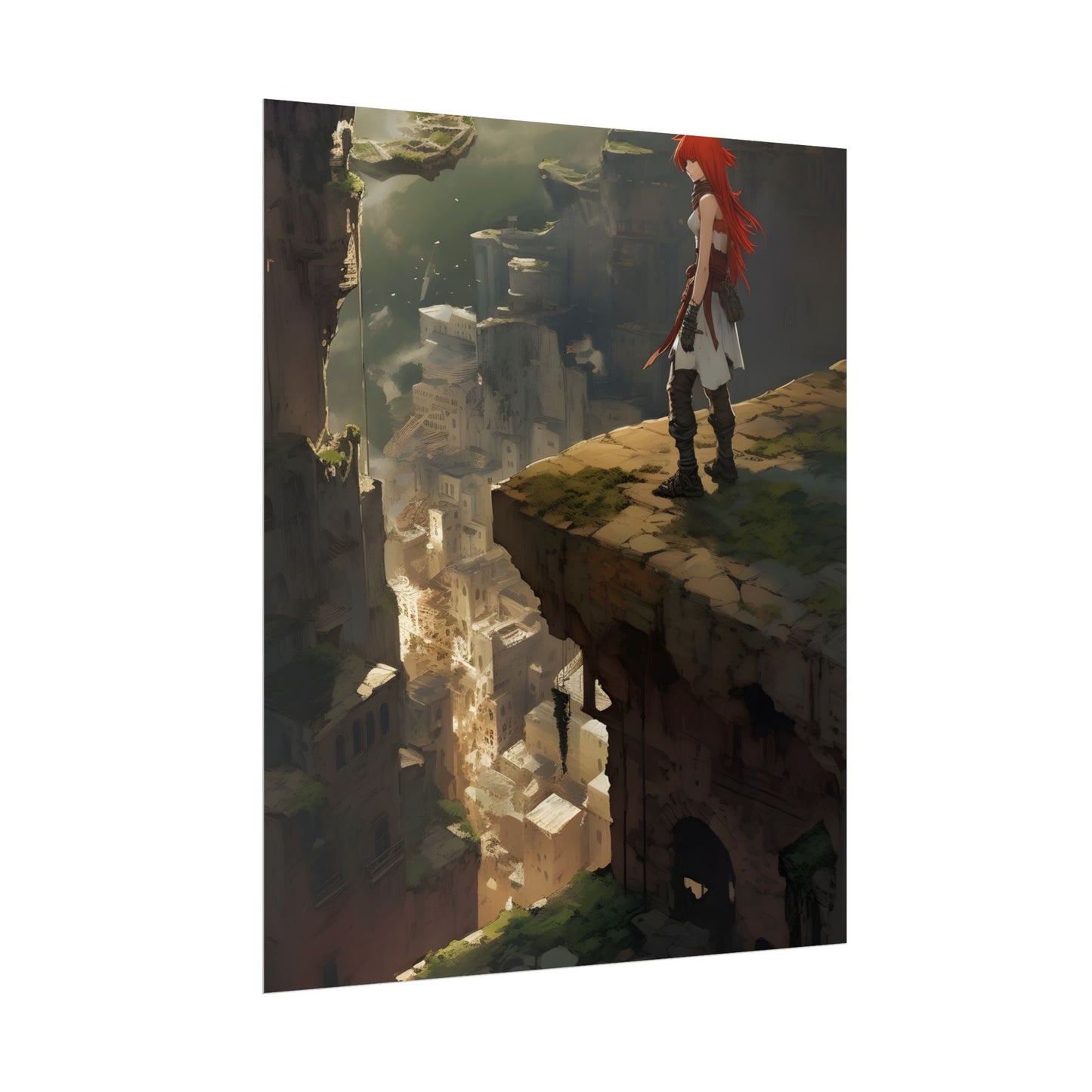 Anime Birds Eye View: Red Haired Female in Action Fantasy Scene - Poster