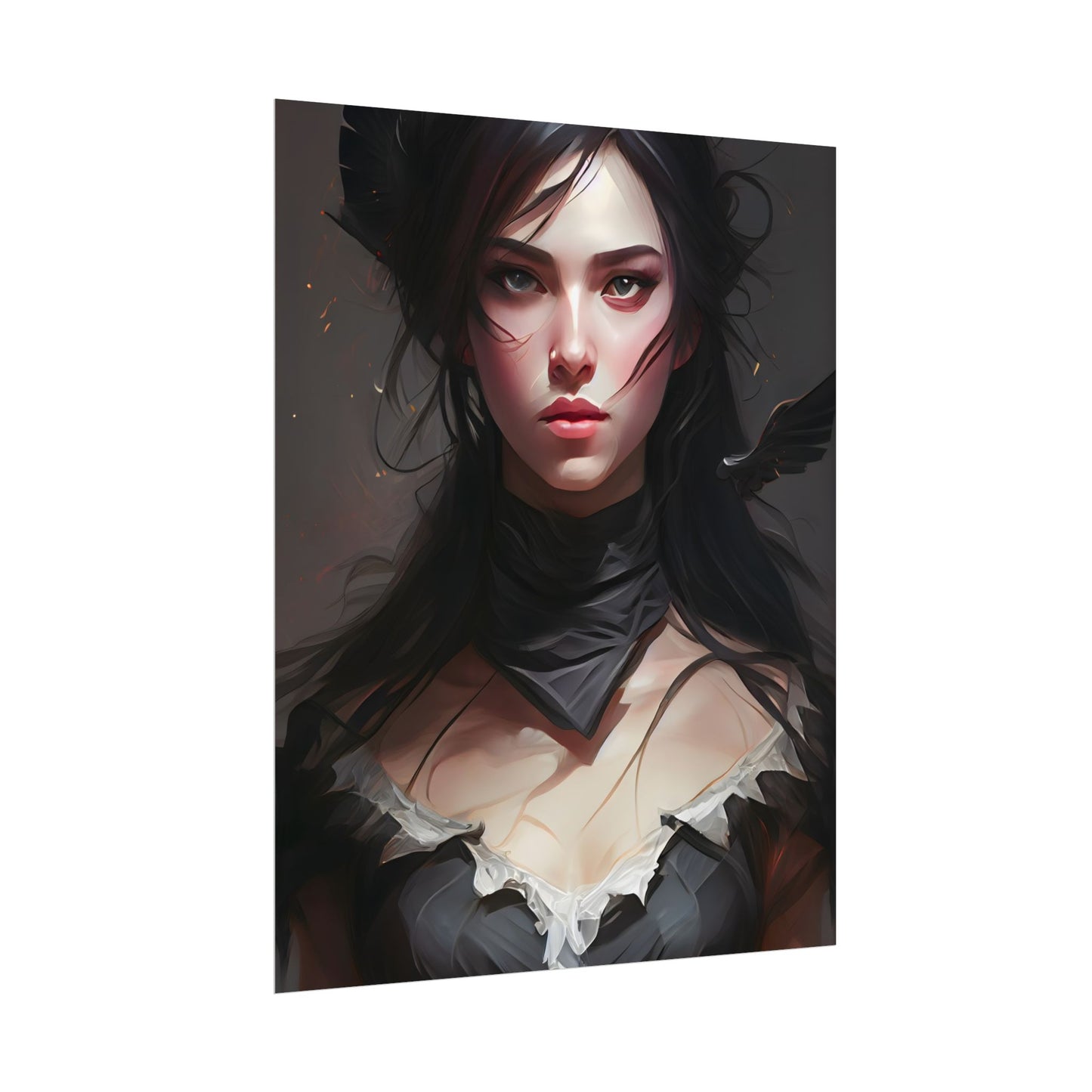 Female Portrait: Black Hair Artwork in Dark Background - Poster