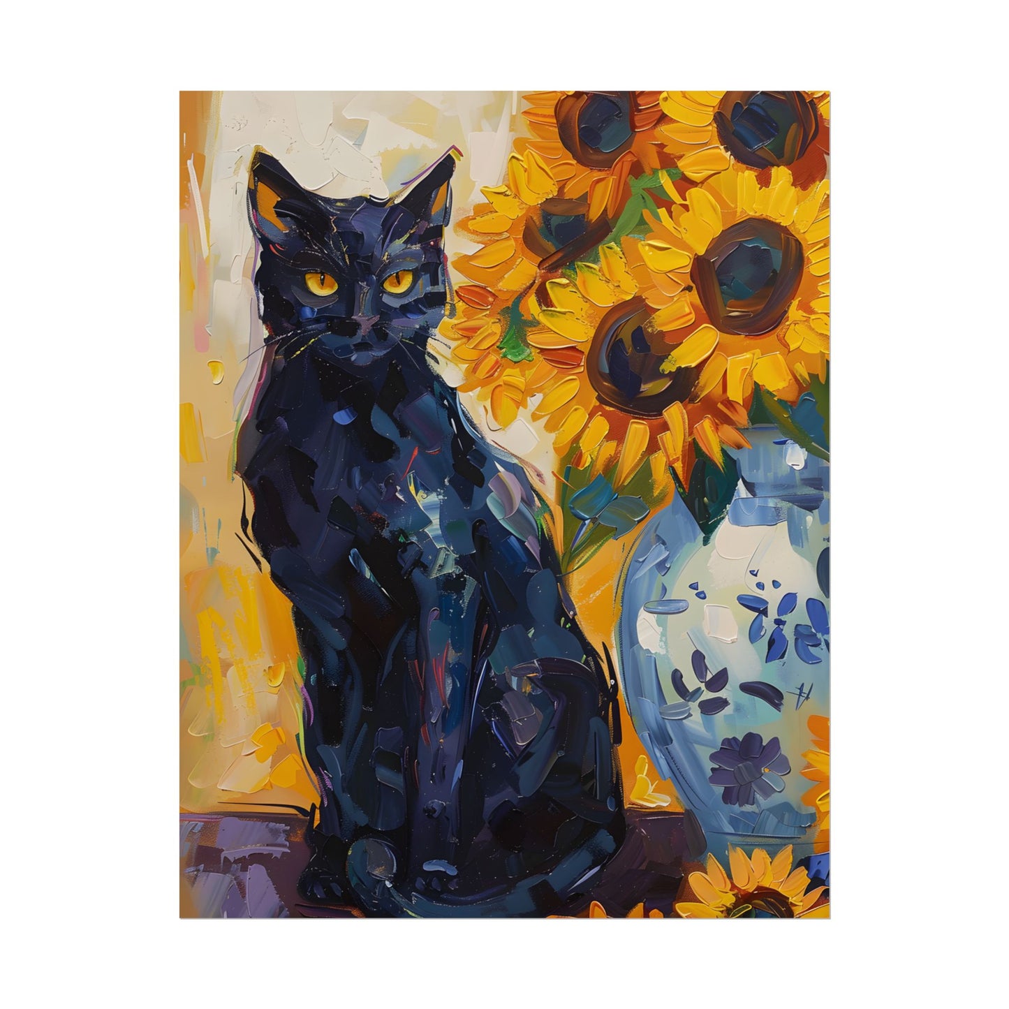Whiskers by Sunshine: Black Cat in a Blooming Garden - Poster