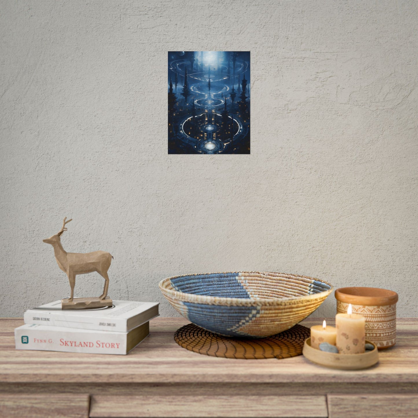 Aetherial Space Station: Galactic Hub in Vibrant Blue Nebula - Poster