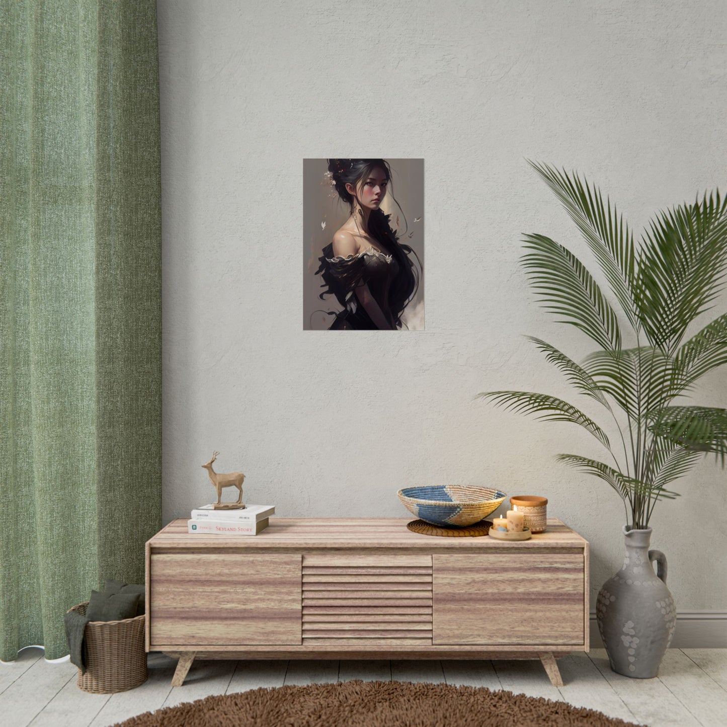 Elegant Black Hair Portrait: Beautiful Female in Dress Art - Poster