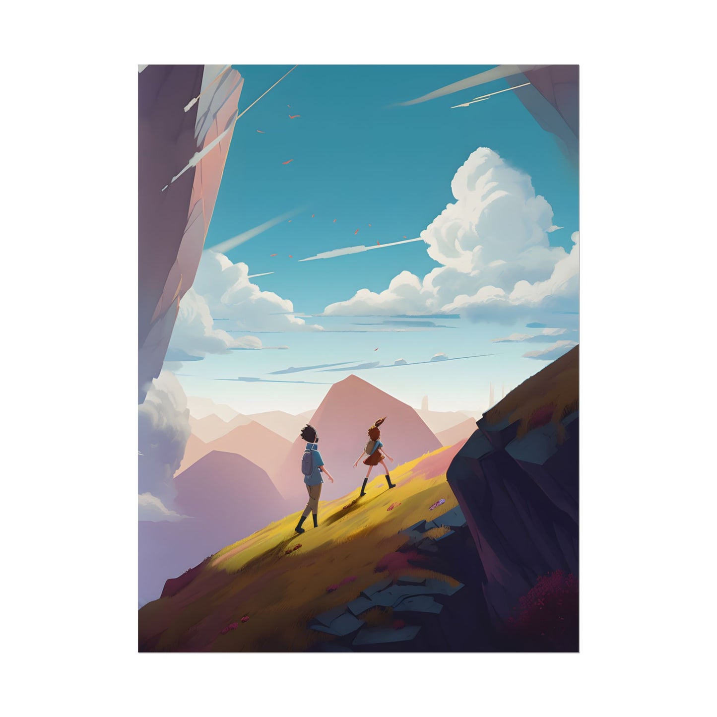 Young Boy and Girl on Cloudy Meadow: Outdoor Landscape Art - Poster