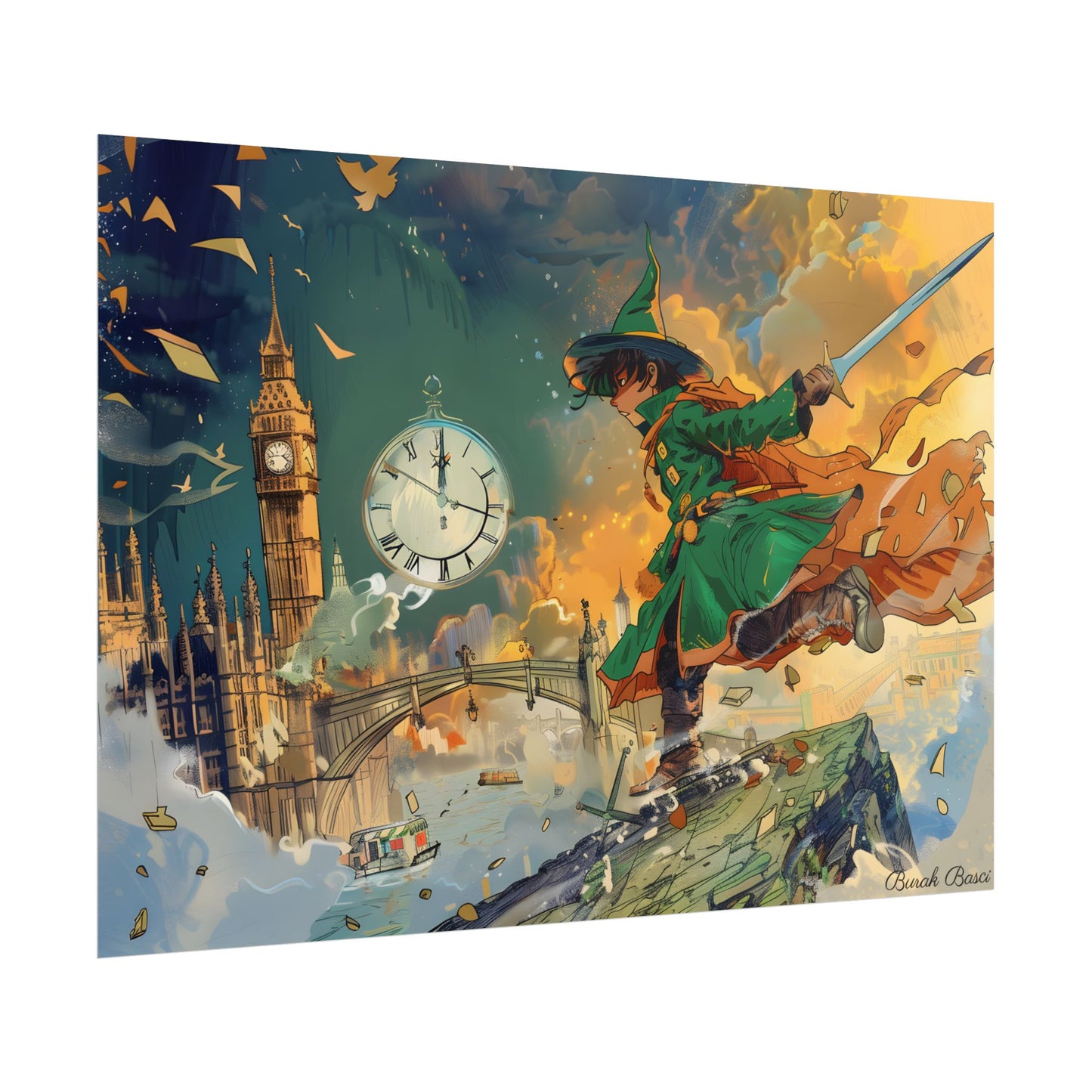 Whimsical Green Tunic Boy: Mischievous Illustration - Poster