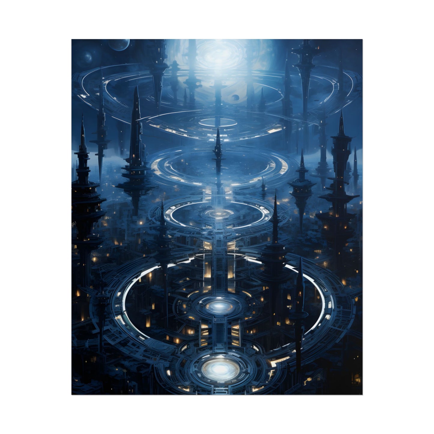 Aetherial Space Station: Galactic Hub in Vibrant Blue Nebula - Poster