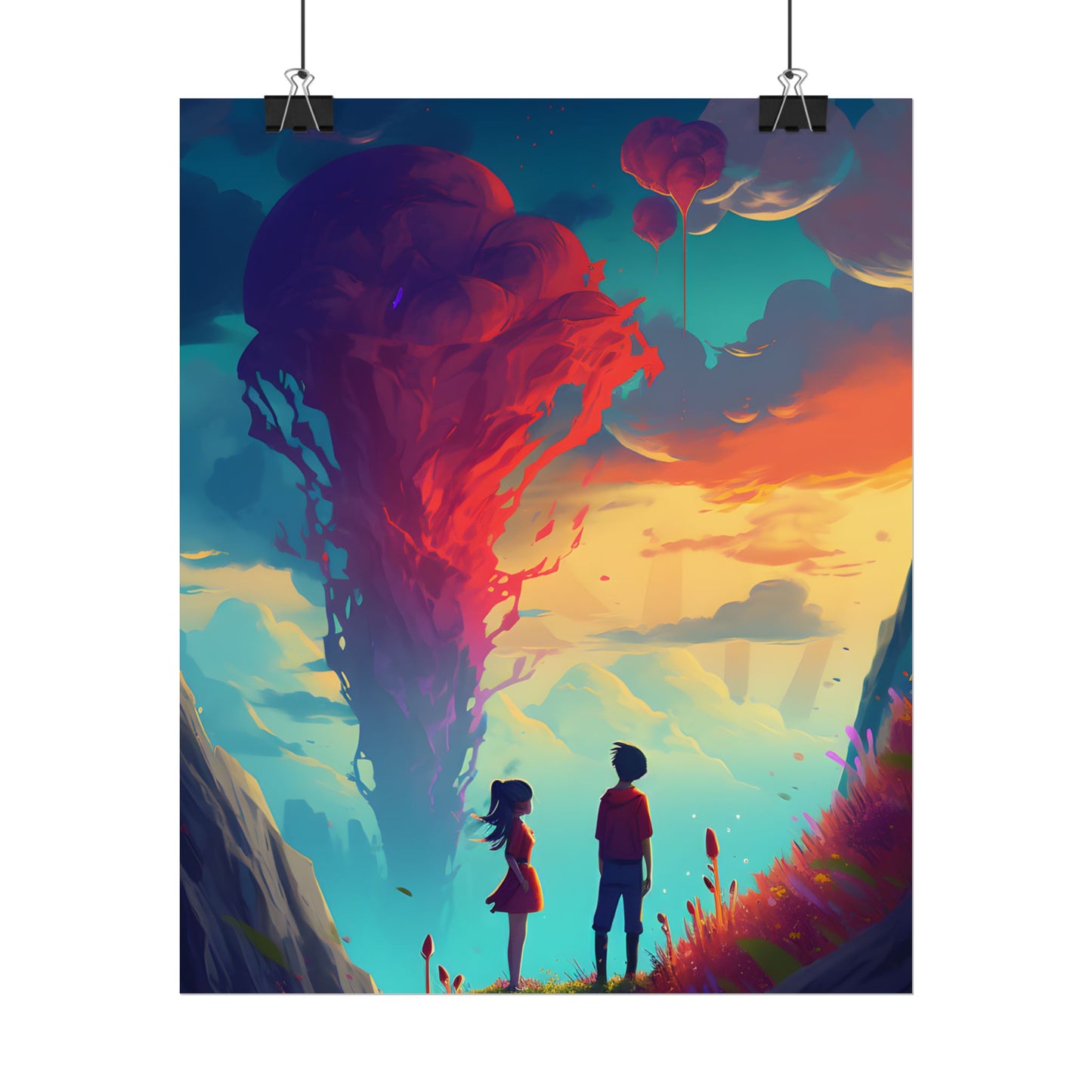 Peaceful Meadow Moment: A Girl and a Boy in Nature - Poster