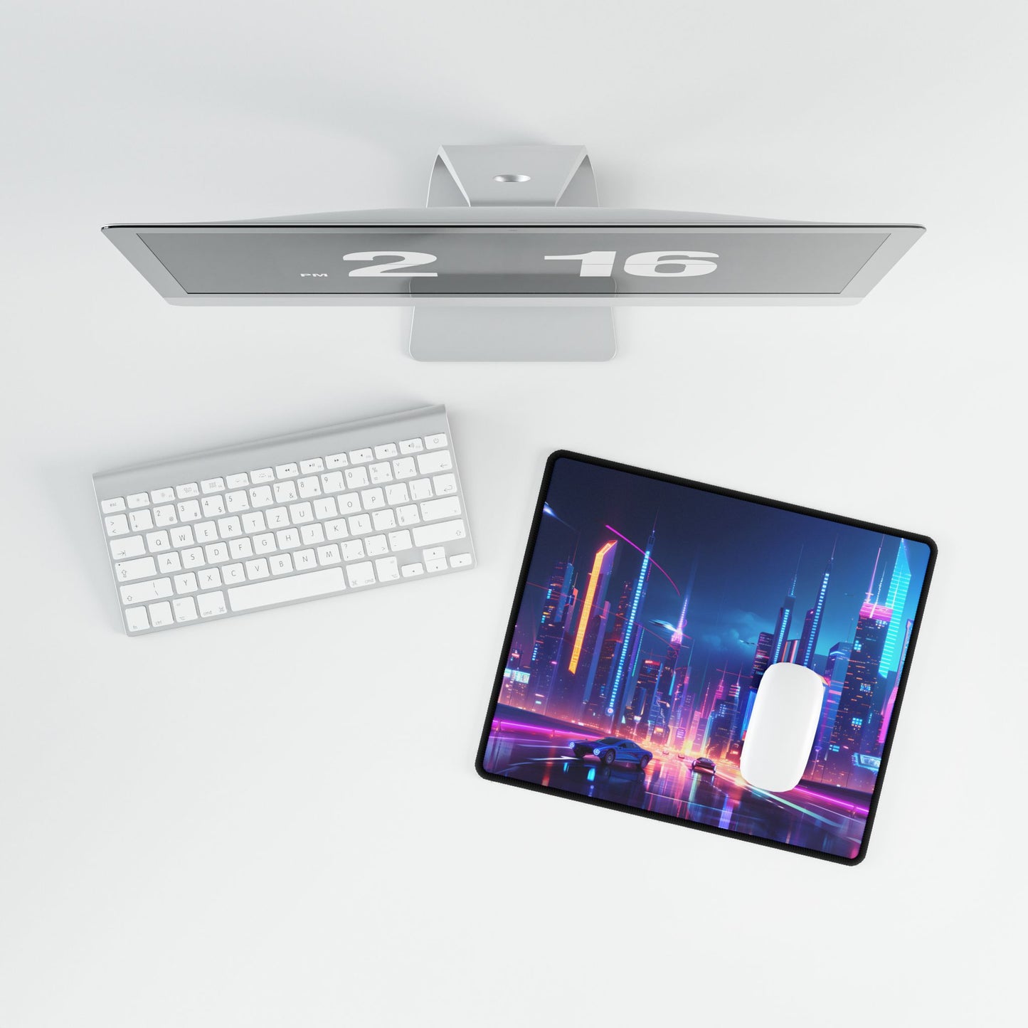 Futuristic City Glow: Neon Lights Digital Art - Desk Mat
