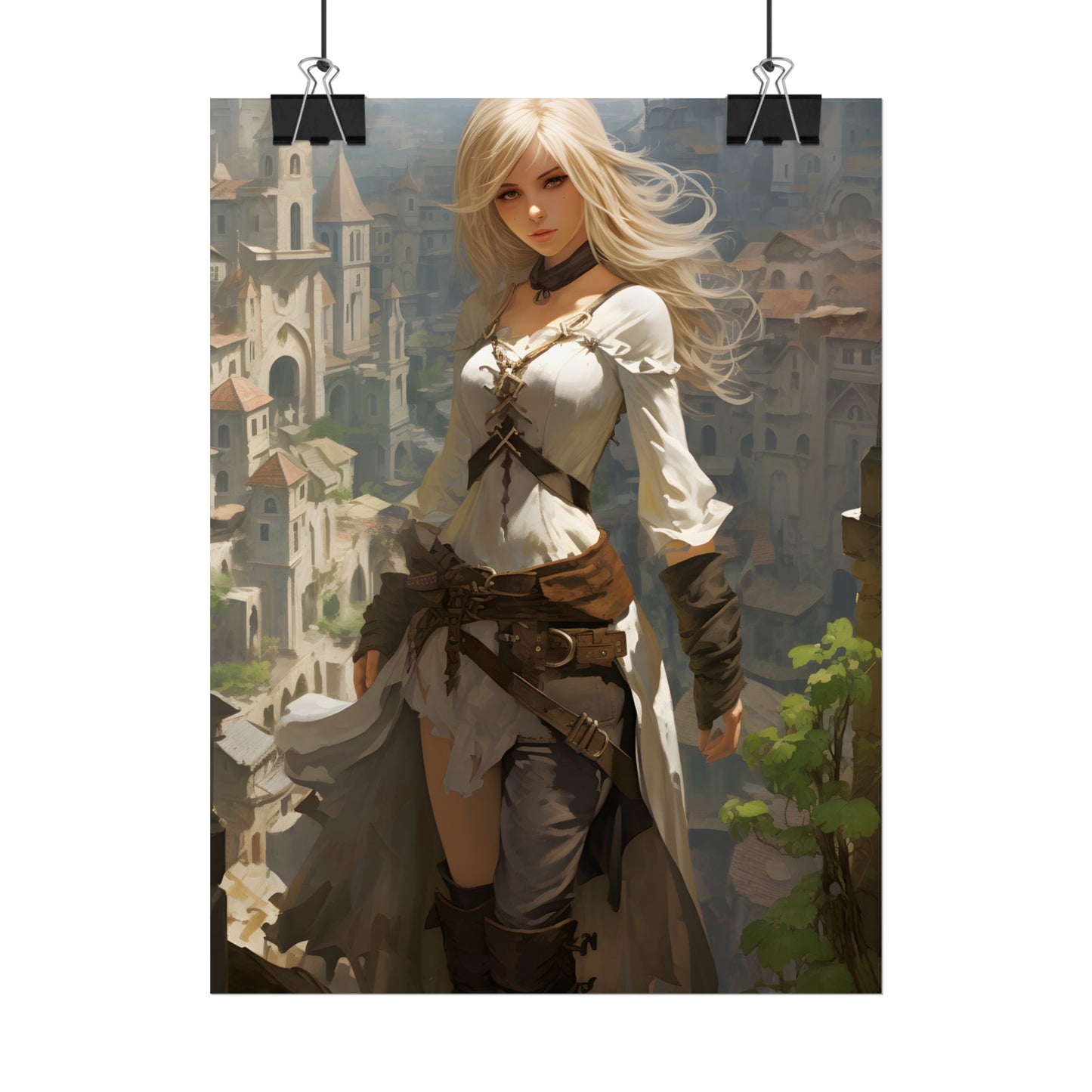 Anime Bird's Eye View Portrait: Blonde Beauty in Motion - Poster