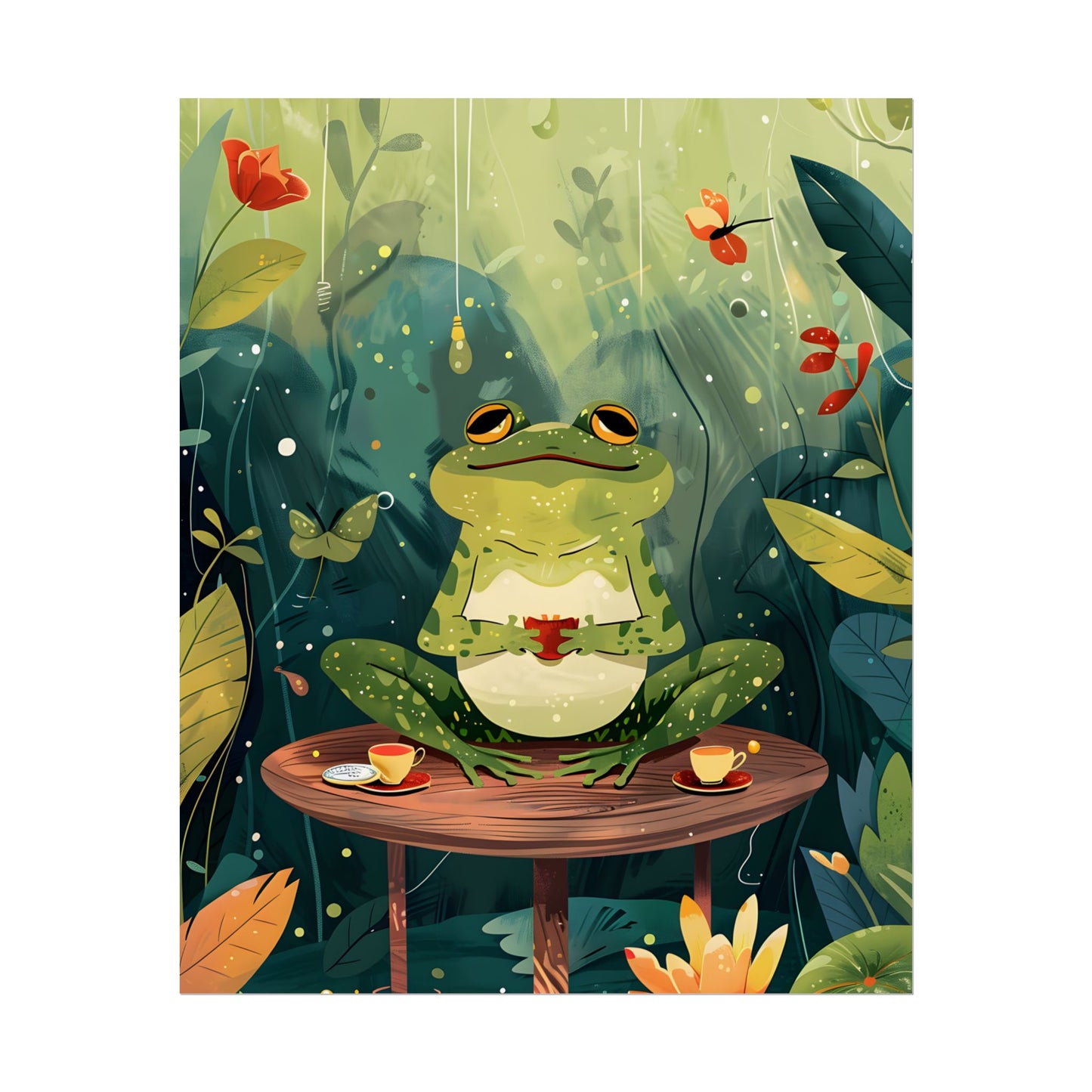 Whimsical Frog on Water: Playful Lily Pad Illustration - Poster