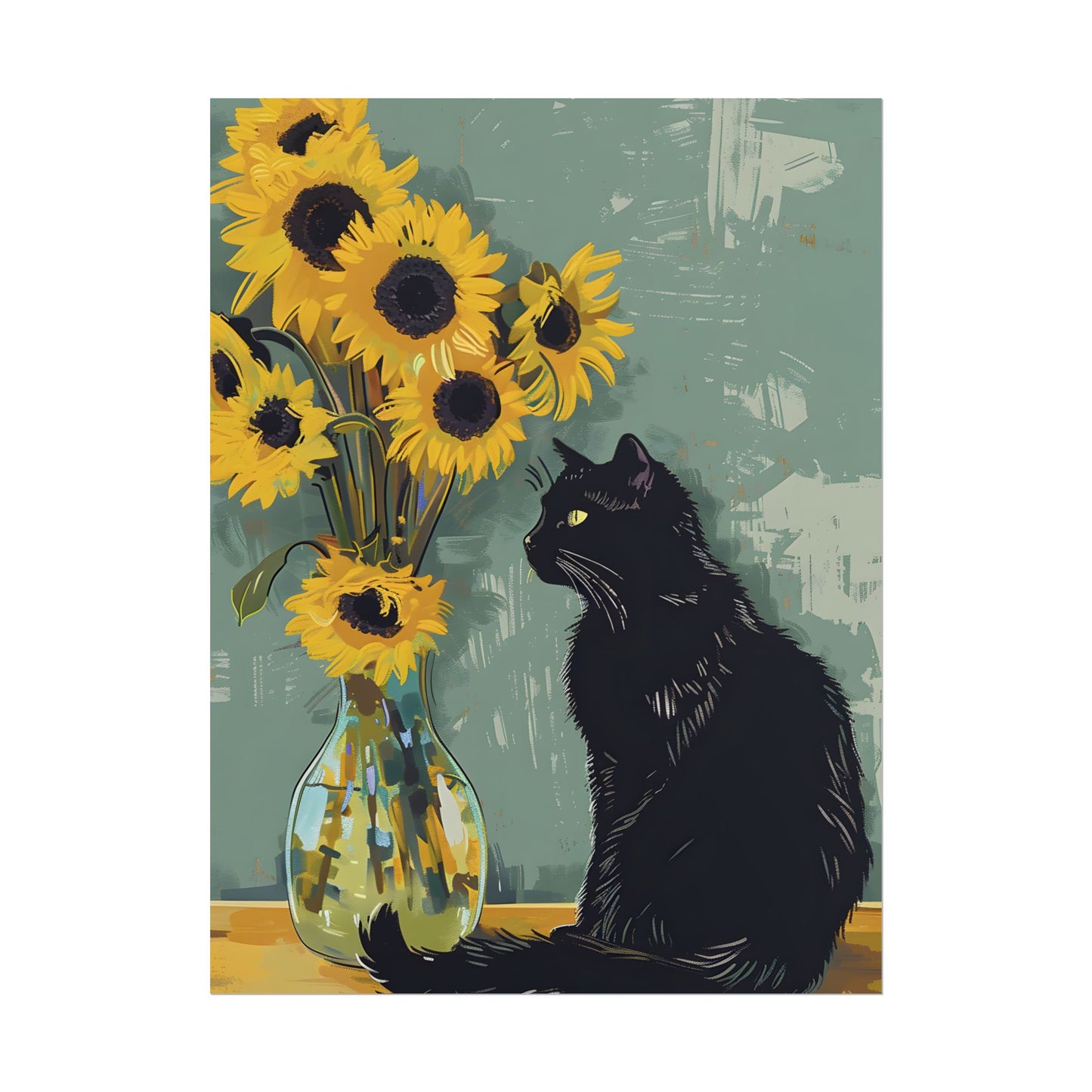 Whispers in the Sun: A Black Cat's Serene Moment with Sunflowers - Poster
