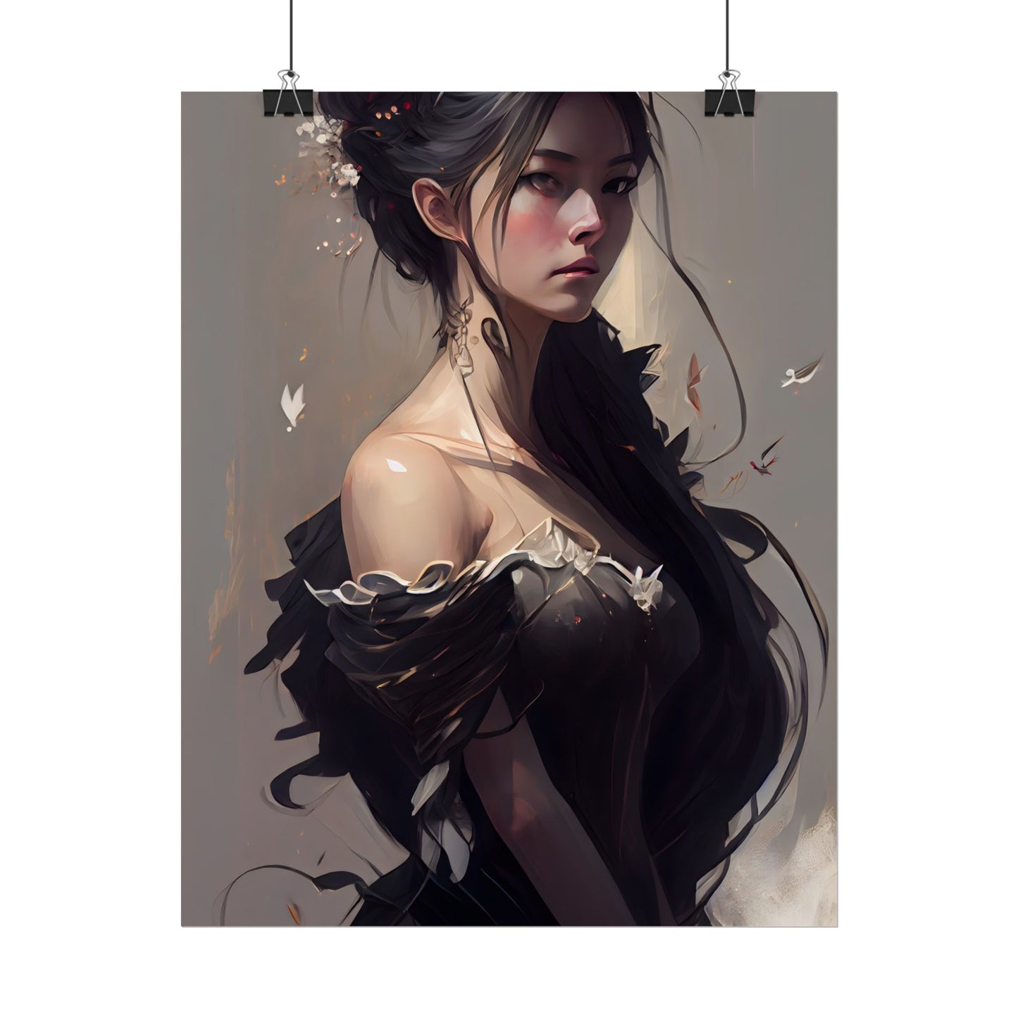 Elegant Black Hair Portrait: Beautiful Female in Dress Art - Poster