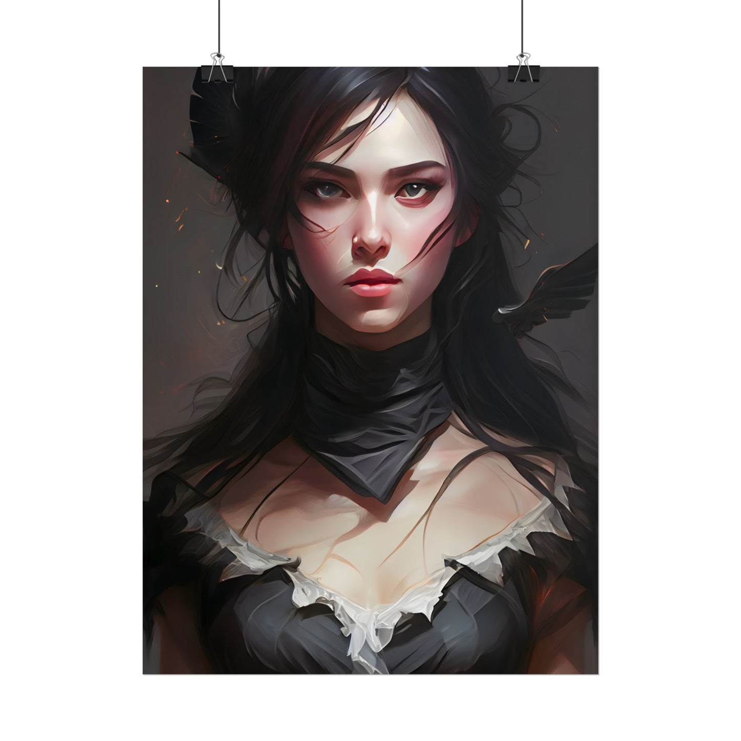 Female Portrait: Black Hair Artwork in Dark Background - Poster