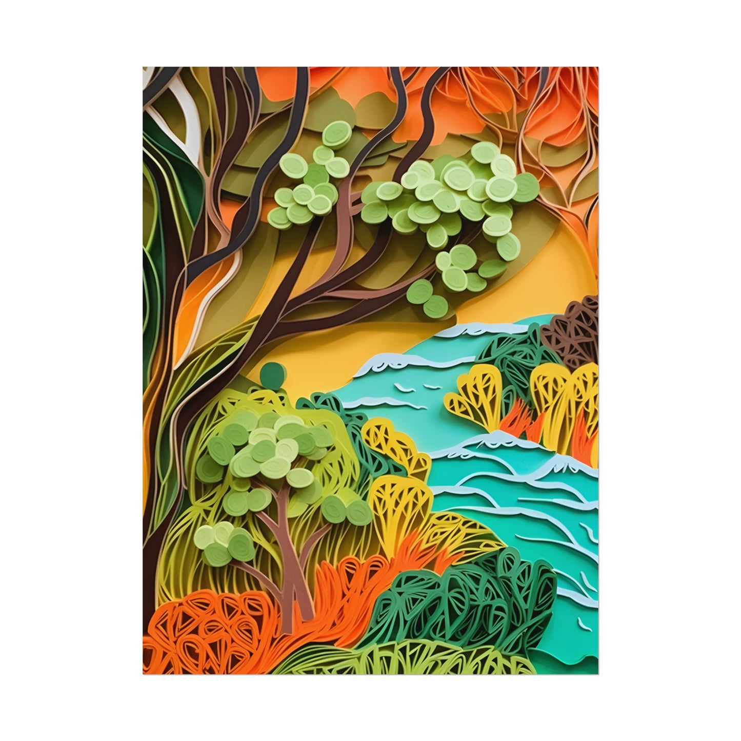 African Paper Quilled Landscape: Artwork in Brown and Green - Poster