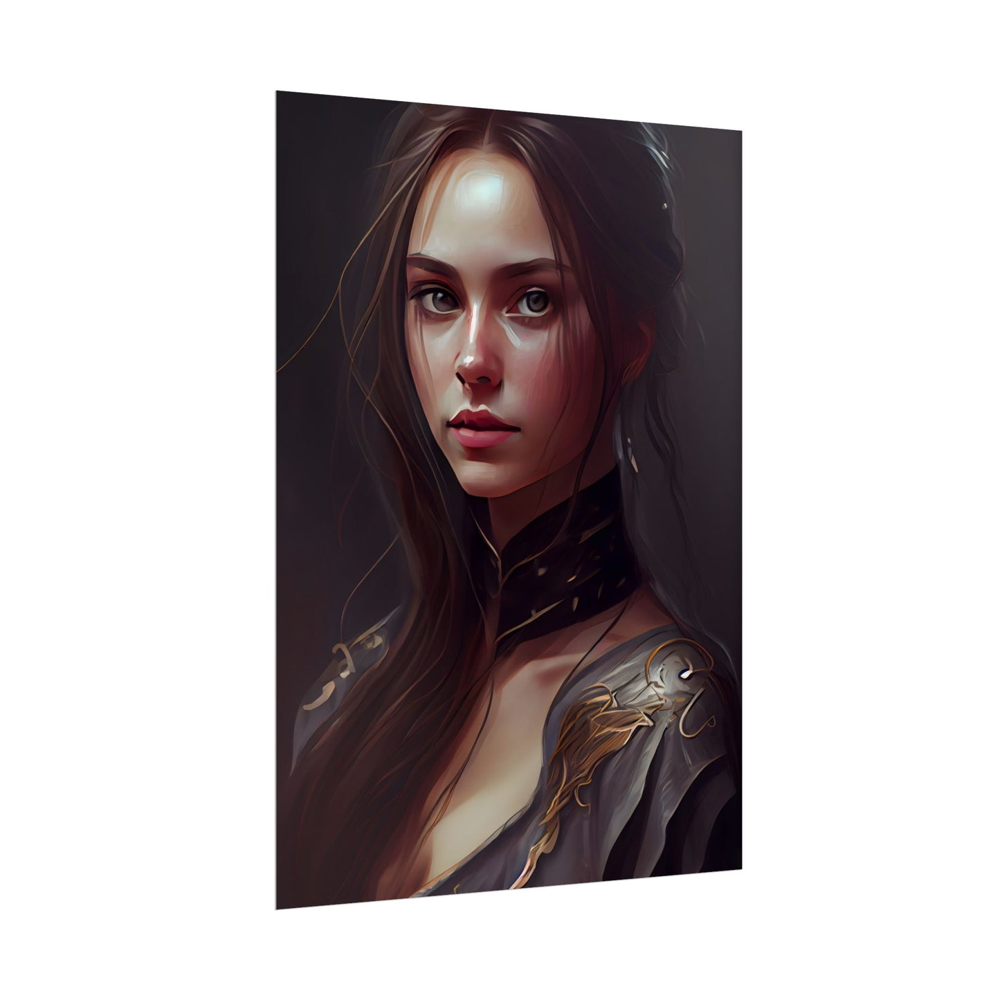 Elegant Indoor Portrait: Brown Hair Beauty - Poster