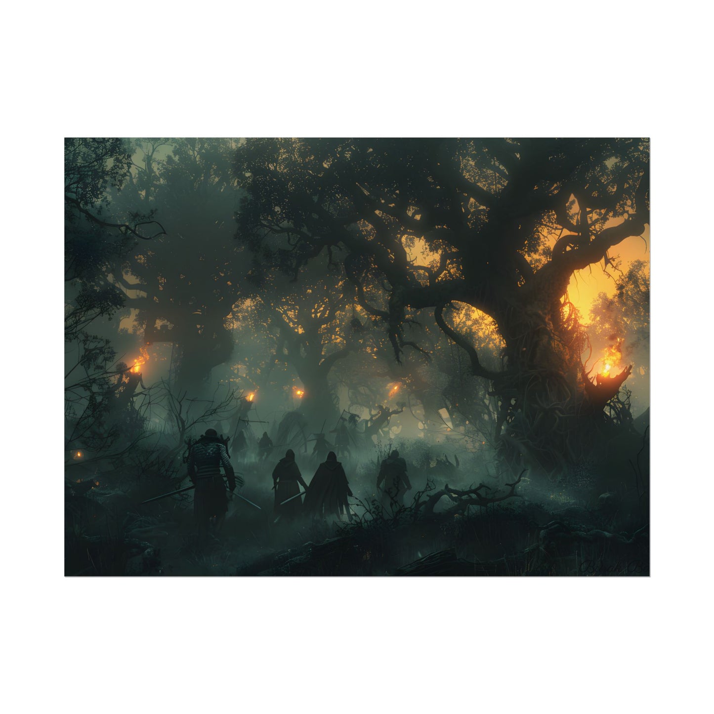 Serene Forest Sunset: Peaceful People's Journey - Poster