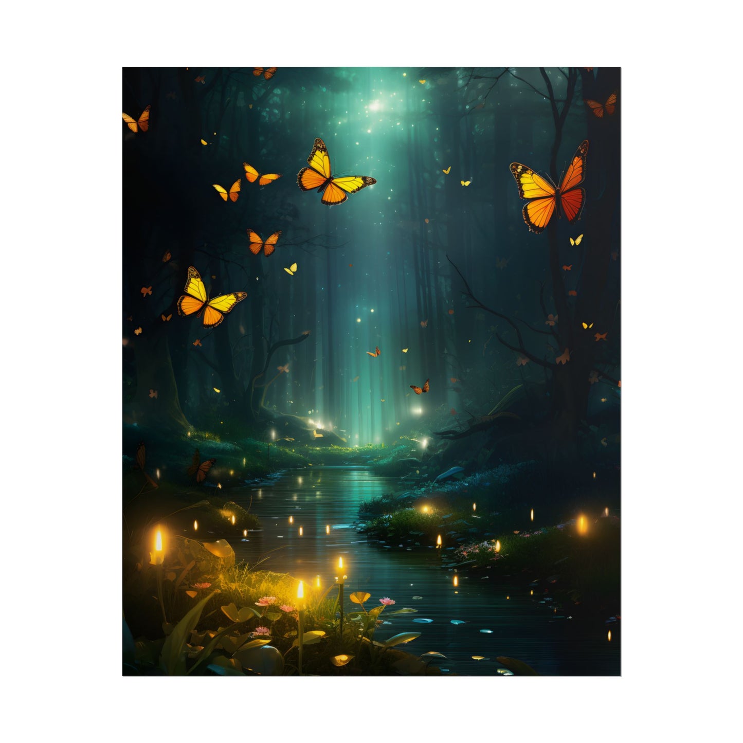 Fantasy Night Bokeh Artwork: Glowing Fog Forest Painting - Poster