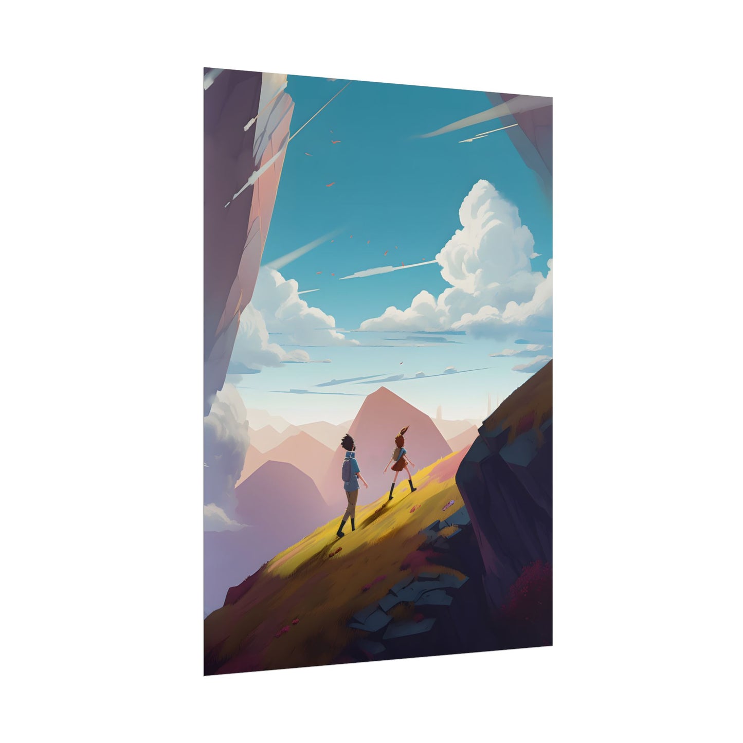 Young Boy and Girl on Cloudy Meadow: Outdoor Landscape Art - Poster