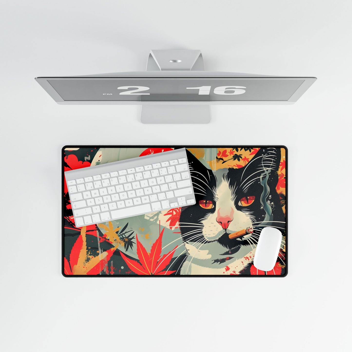 Realistic Tabby Cat with Cigarette: Unconventional Feline Fun - Desk Mat